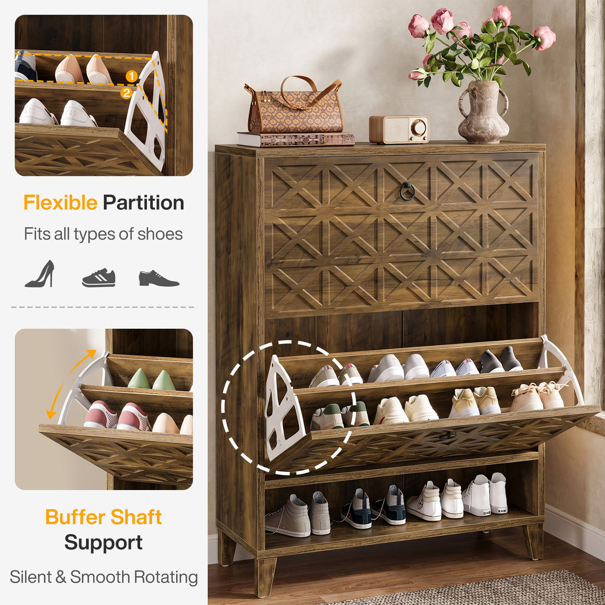 Tribesigns 43.3 Inch Shoe Cabinet with 2 Flip Drawers and Open Shelf, Entryway Shoe Storage for Hallway