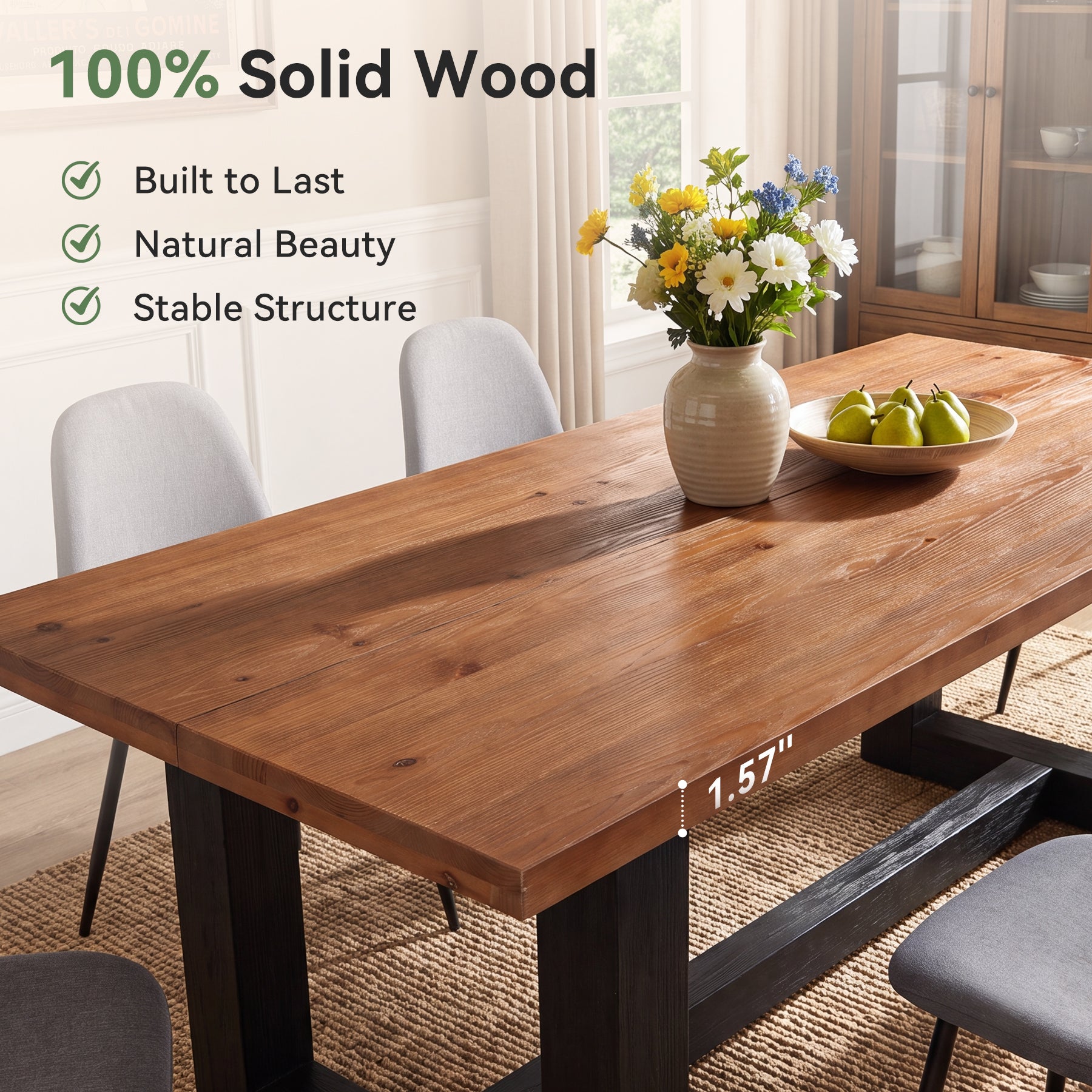 Tribesigns 63 Inch Solid Wood Dining Table for 6, Farmhouse Kitchen Table with U-Shaped Legs