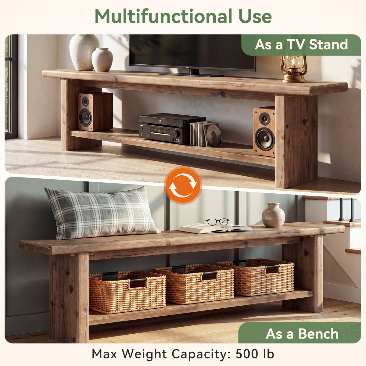 Tribesigns 71 Inch Solid Wood TV Stand with 2-Tier Storage and Farmhouse Design, Media Console for 55-85 Inch TVs