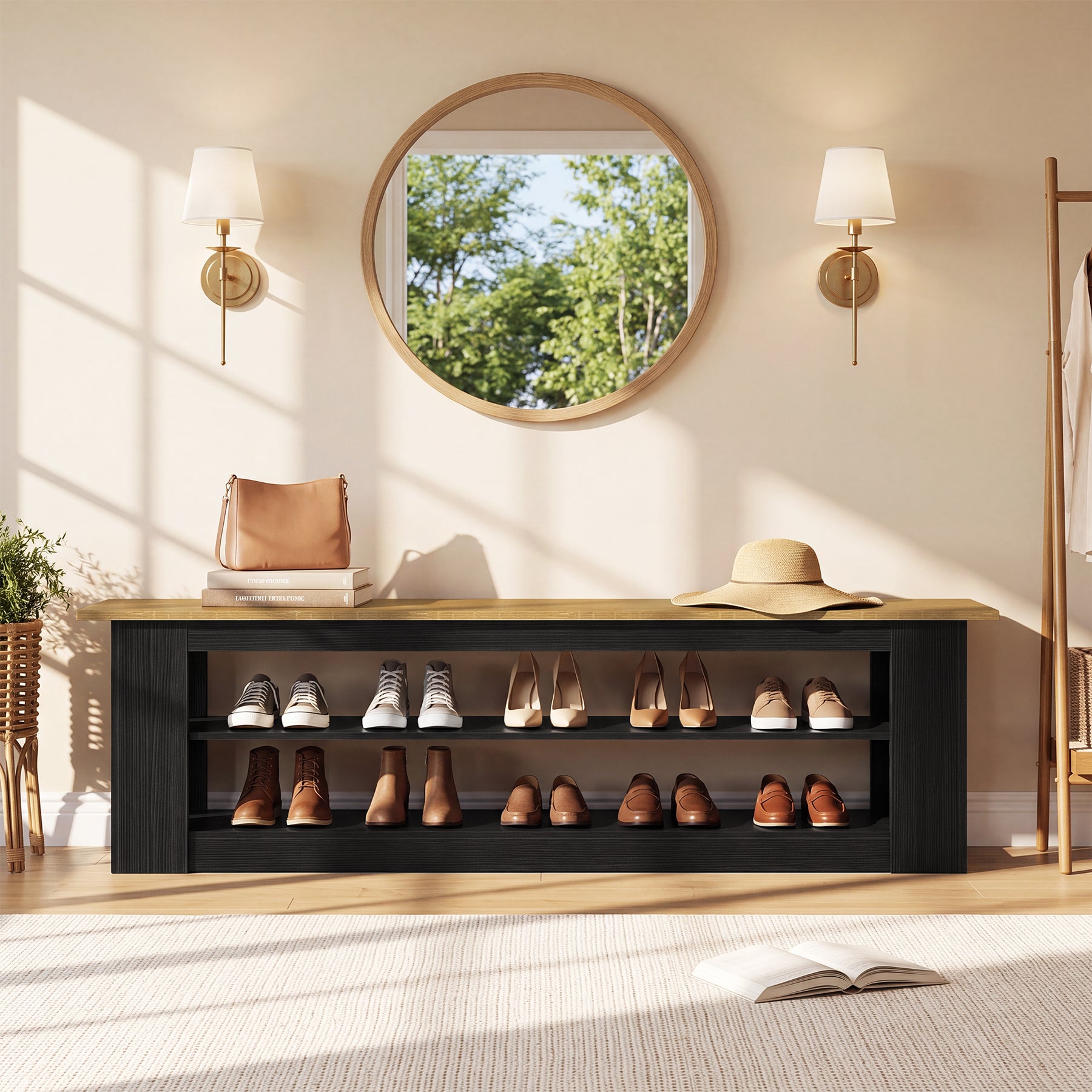 71-Inch Extra Long Shoe Storage Bench with 3-Tier Shelving, Farmhouse Entryway Seating