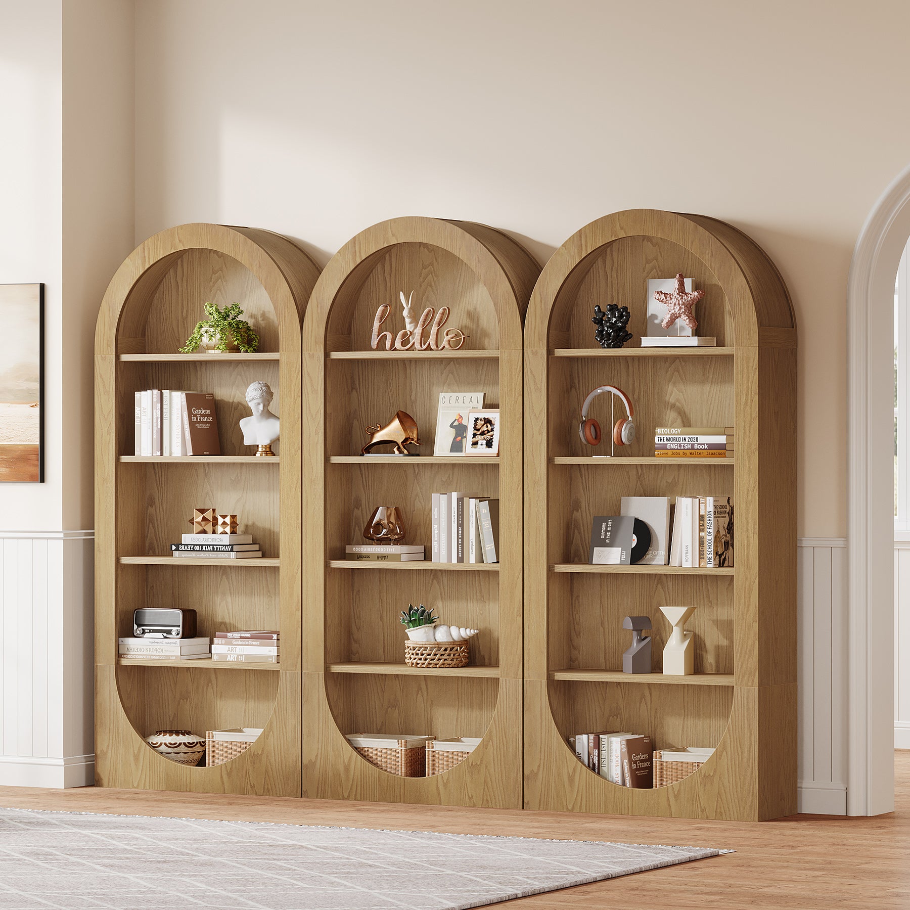 71 Inch Tall Bookshelf with 5 Tier Shelves, Arched Bookcase for Living Room Home Office