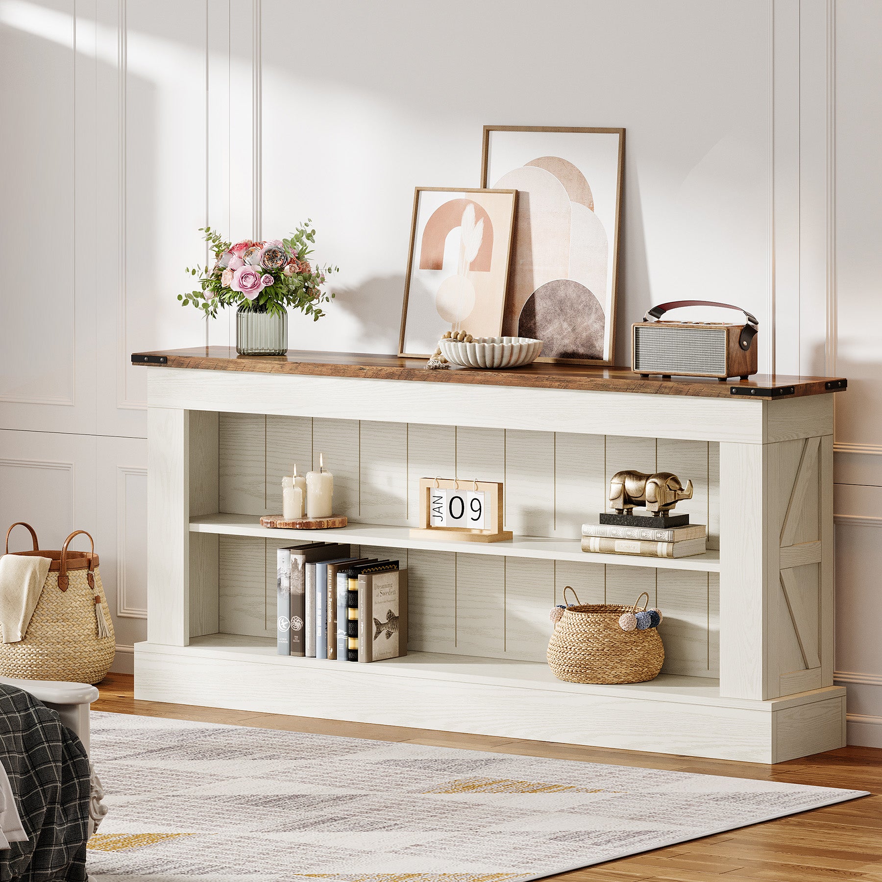 Tribesigns 63-Inch Modern Farmhouse TV Stand with Storage, White Media Console for Living Room