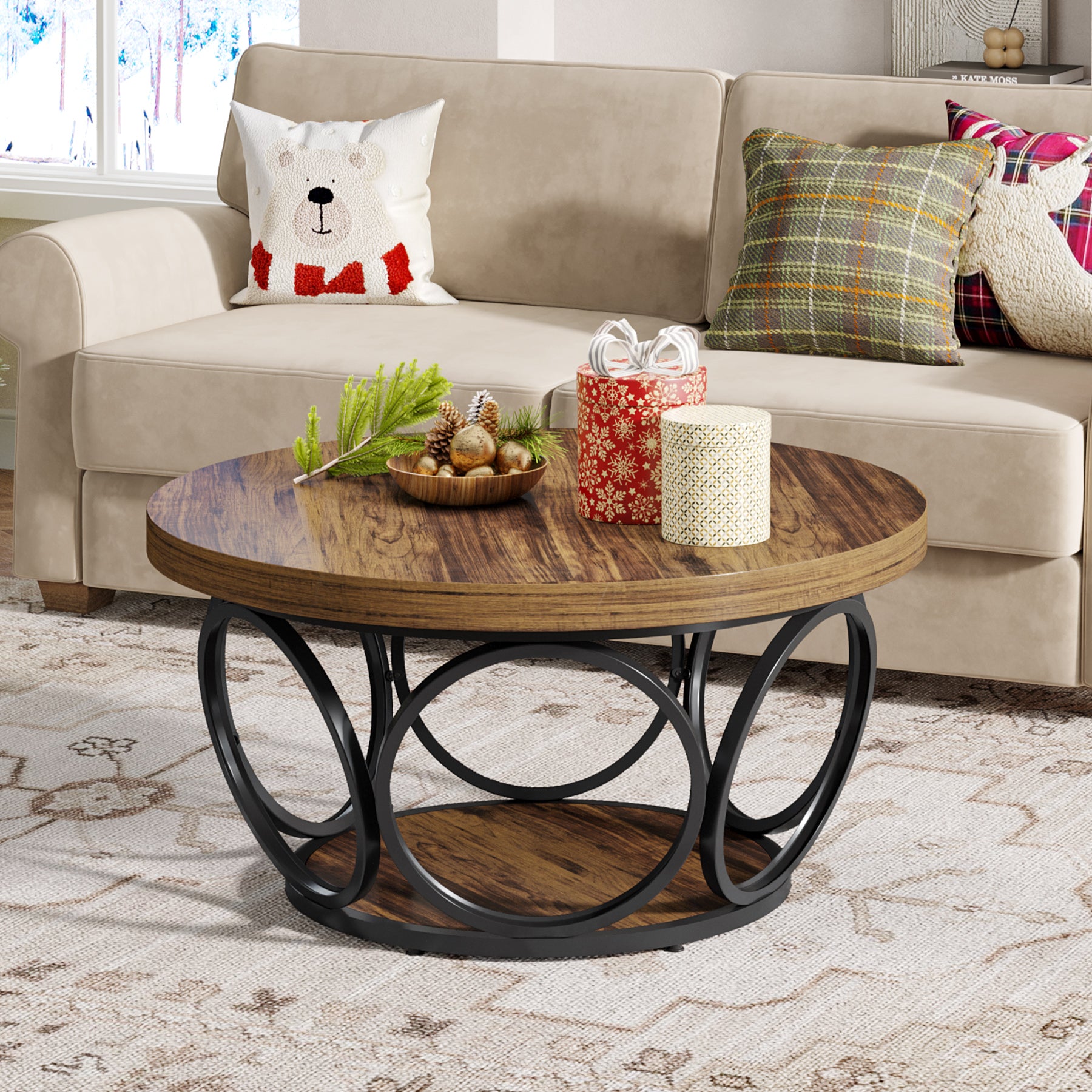 Tribesigns Coffee Table, Round Center Table with 2 Storage Shelves