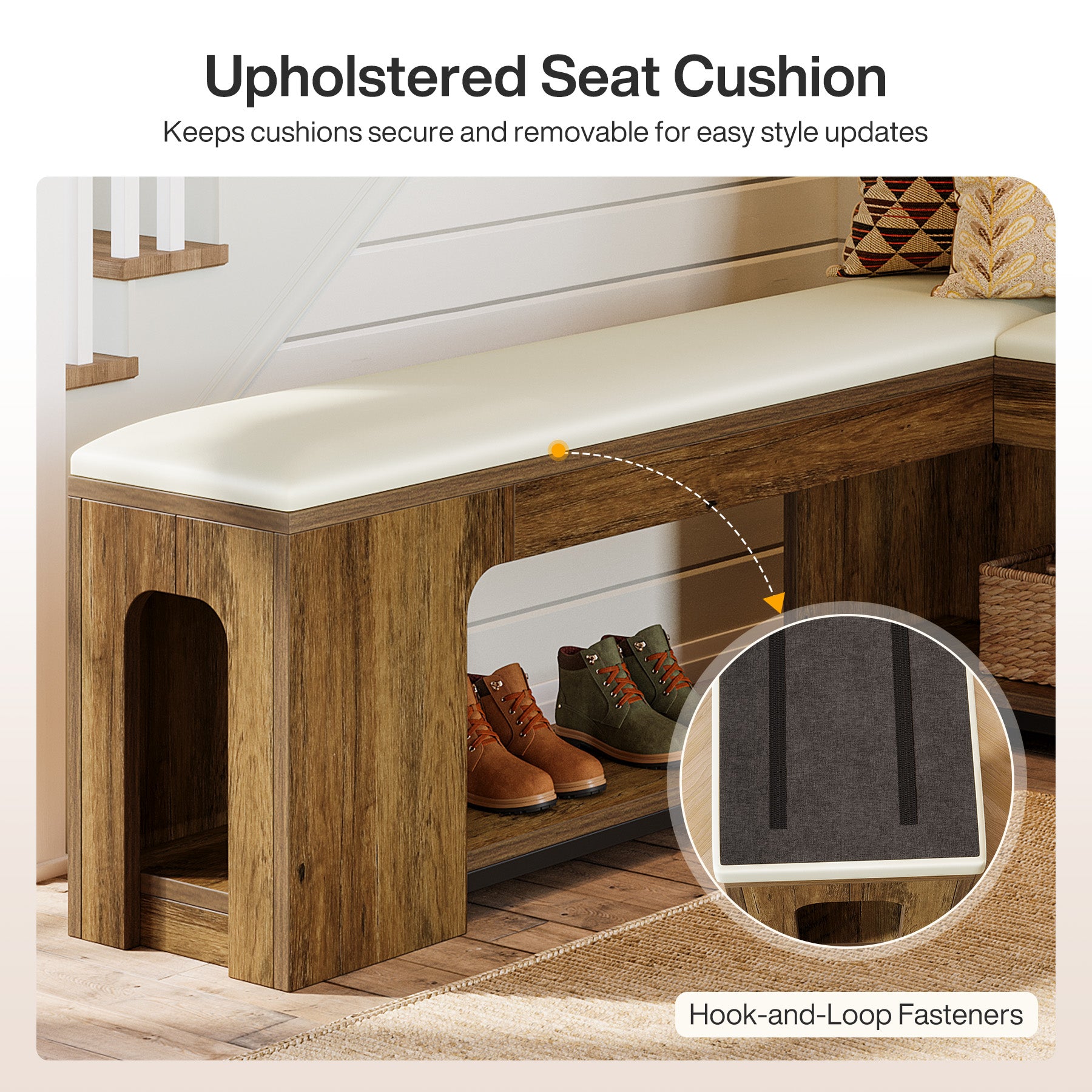 47.24-Inch L Shaped Corner Bench with Removable Seat Cushion and 2-Tier Storage, Farmhouse Breakfast Nook Bench