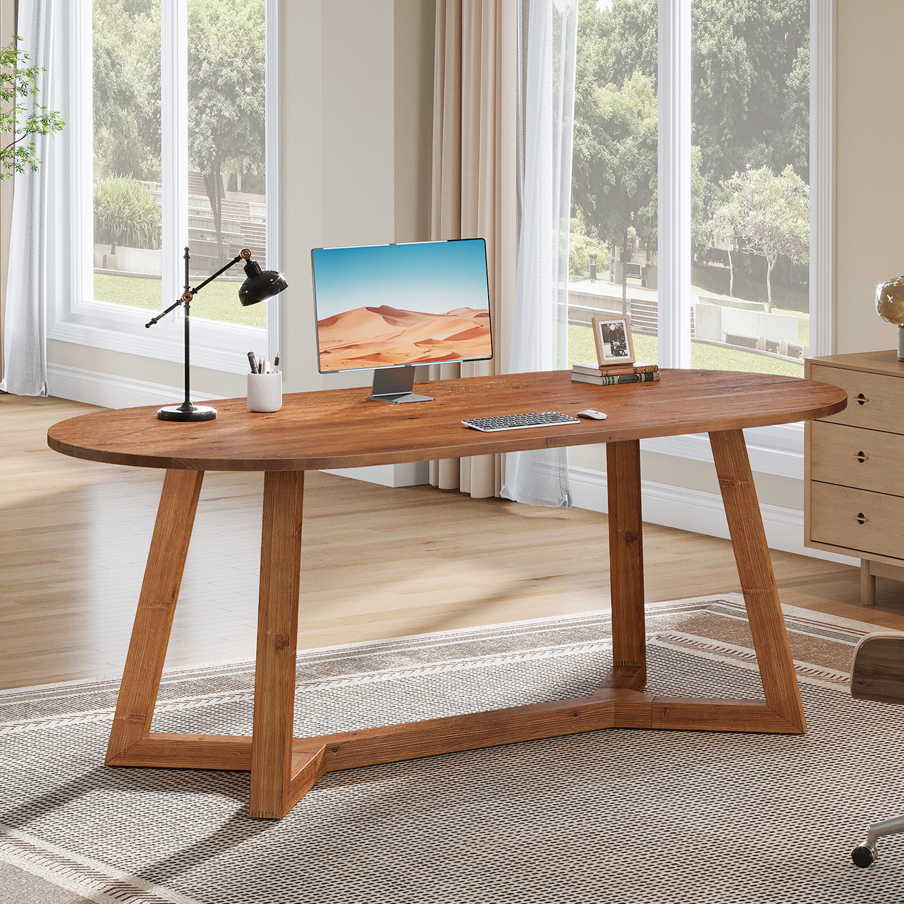 63" Solid Wood Office Desk, Oval Executive Desk with Tapered Legs