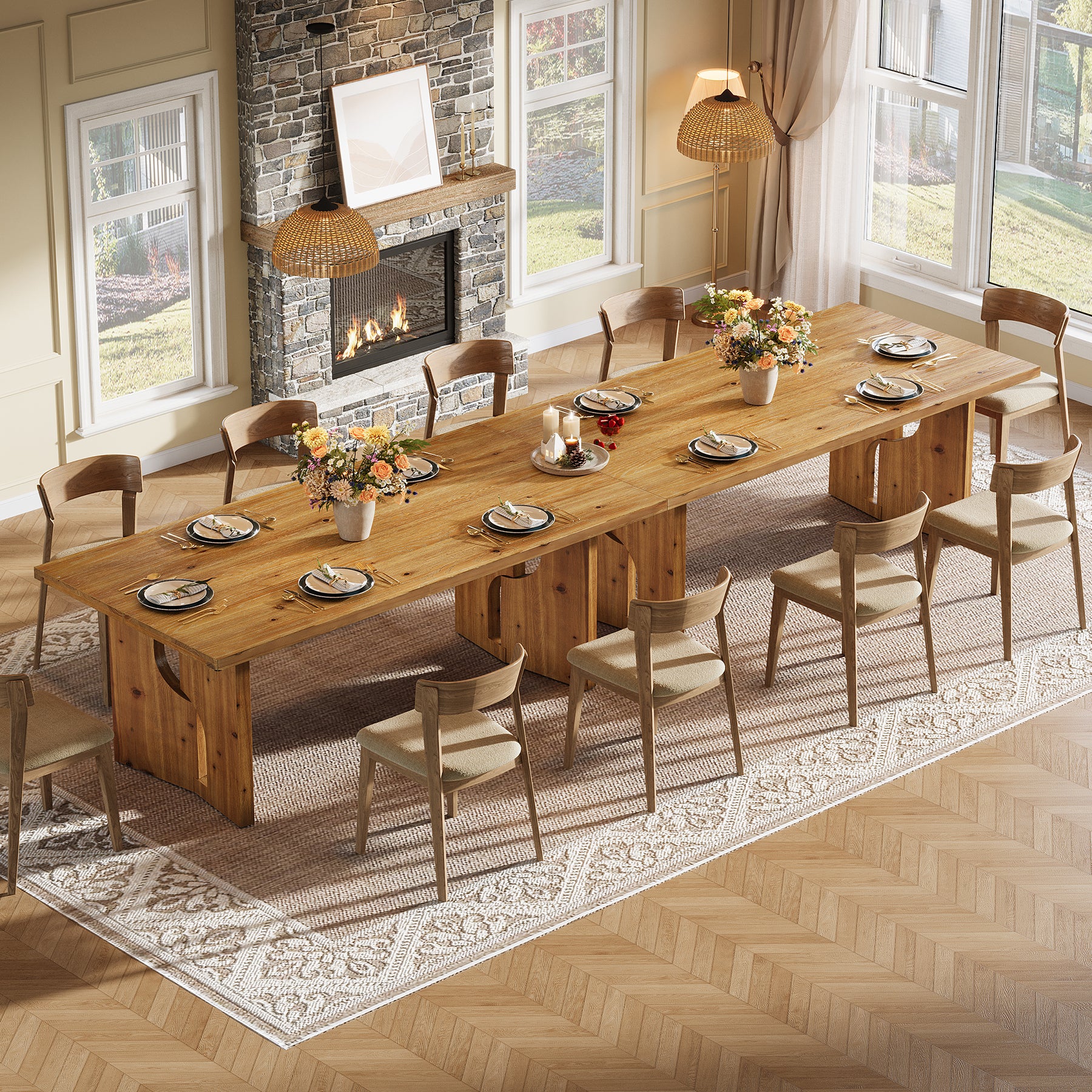 Tribesigns 63-Inch Solid Wood Dining Table with Cutout Bases, Farmhouse Table for Dining Room
