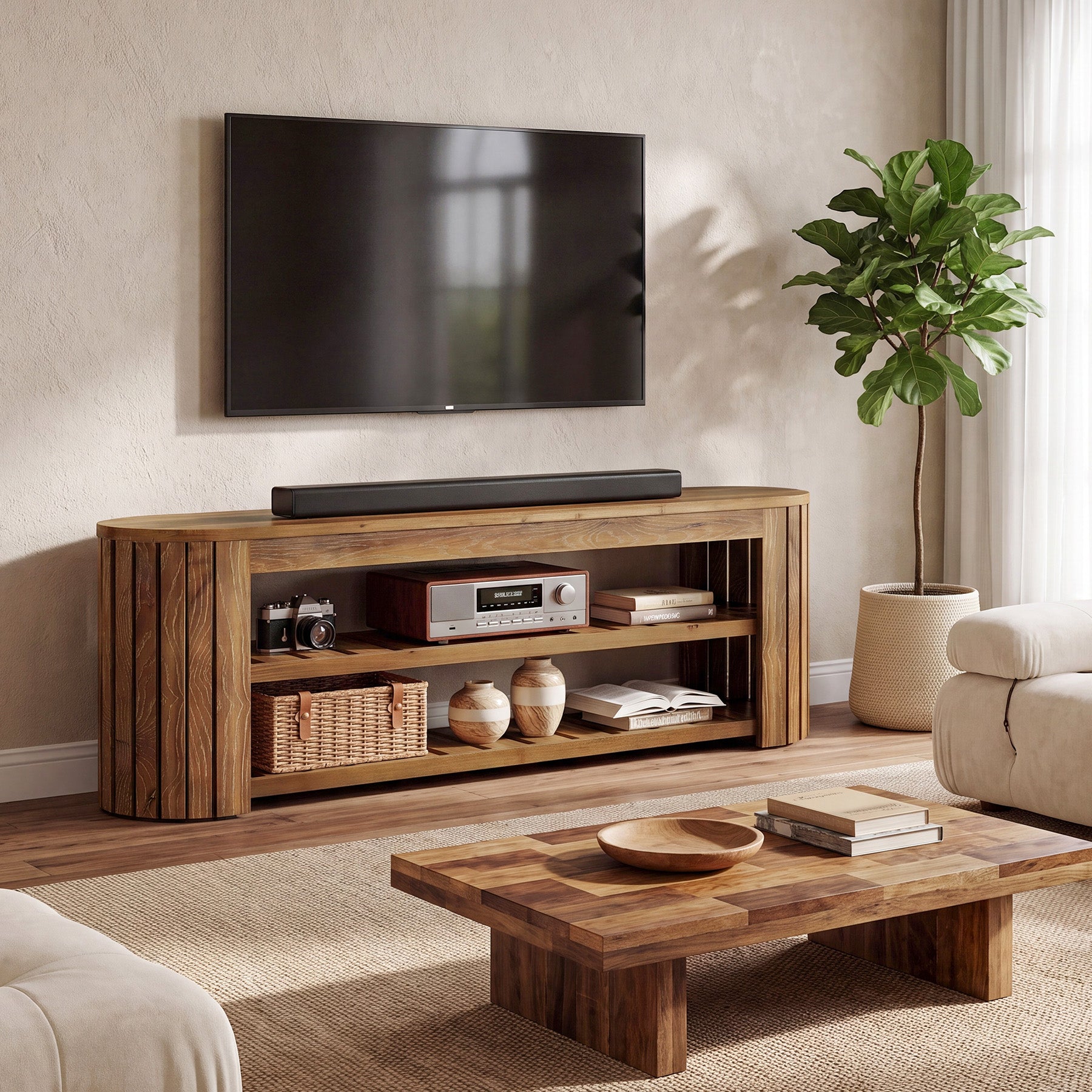 63 Inch Solid Fir Wood TV Stand with Rounded Top, Farmhouse Media Console with Shelves