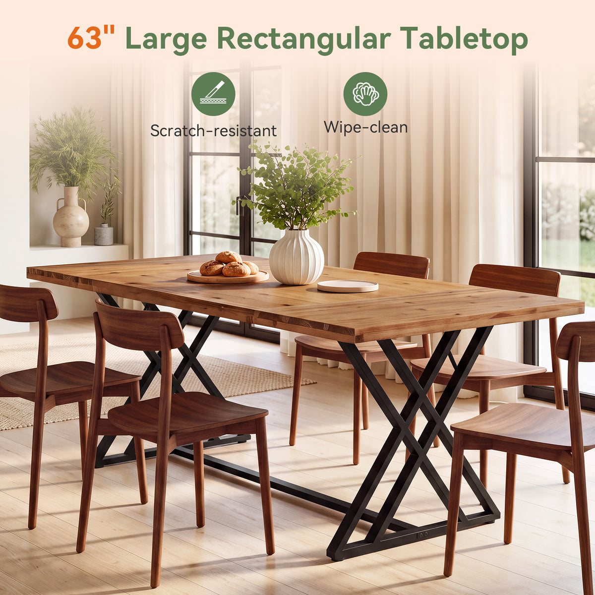 Tribesigns 63 Inch Solid Wood Dining Table with X-Shaped Metal Legs, Farmhouse Kitchen Table