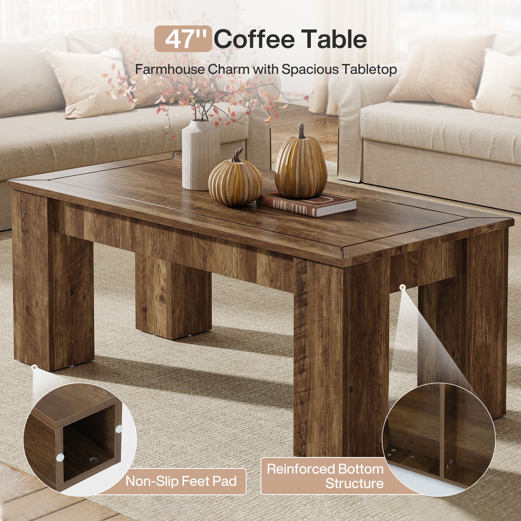 47" Rectangle Coffee Table for Living Room, Farmhouse Style Center Table with Sturdy Legs