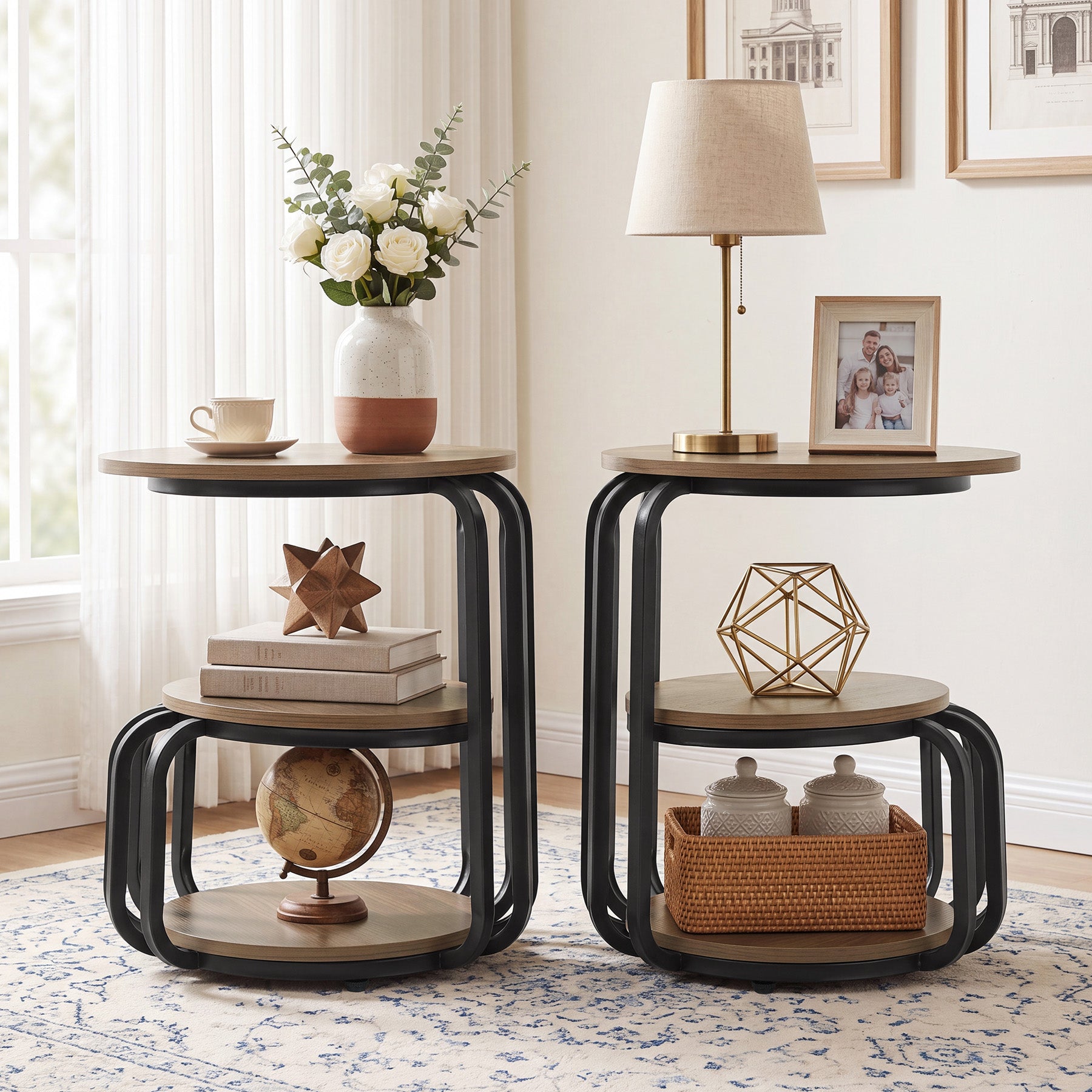 19.69 Inch Round Nightstand, 3 Tier Industrial Side Table with Storage for Bedroom