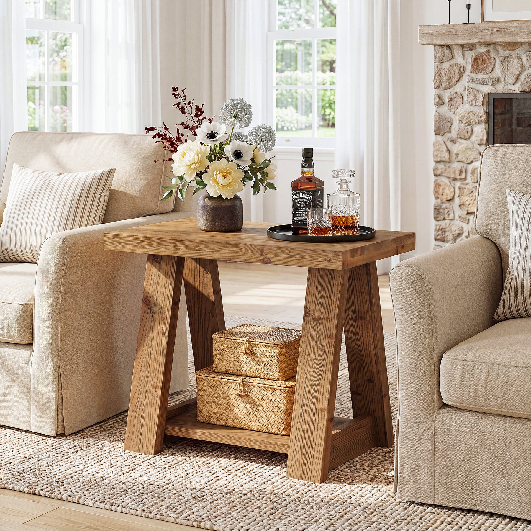 23.62 Inch Solid Wood End Table with 2-Tier Storage Shelves, Farmhouse Side Table for Living Room