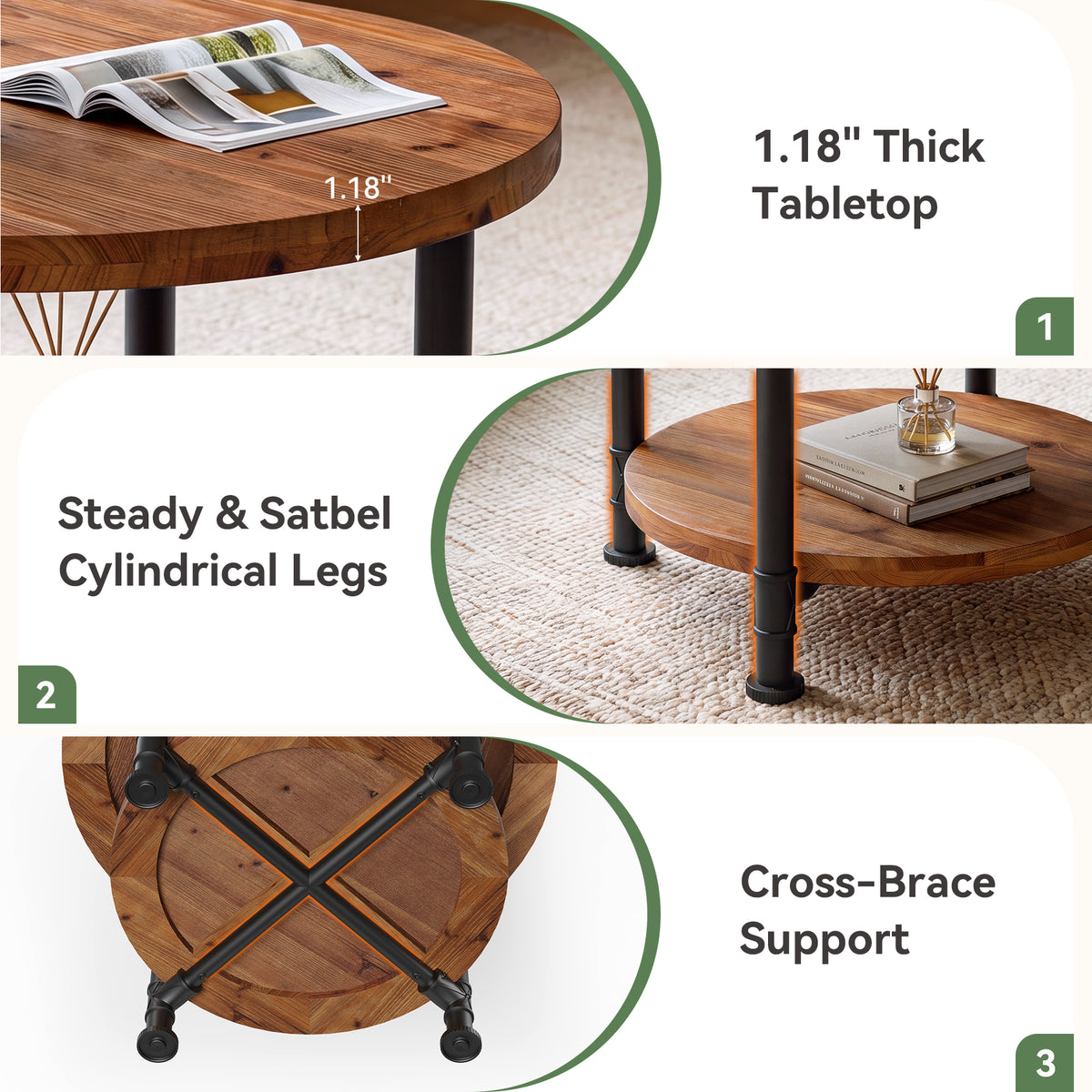 Tribesigns 31.5" Solid Wood Round Coffee Table with Storage Shelf, Industrial Table for Living Room
