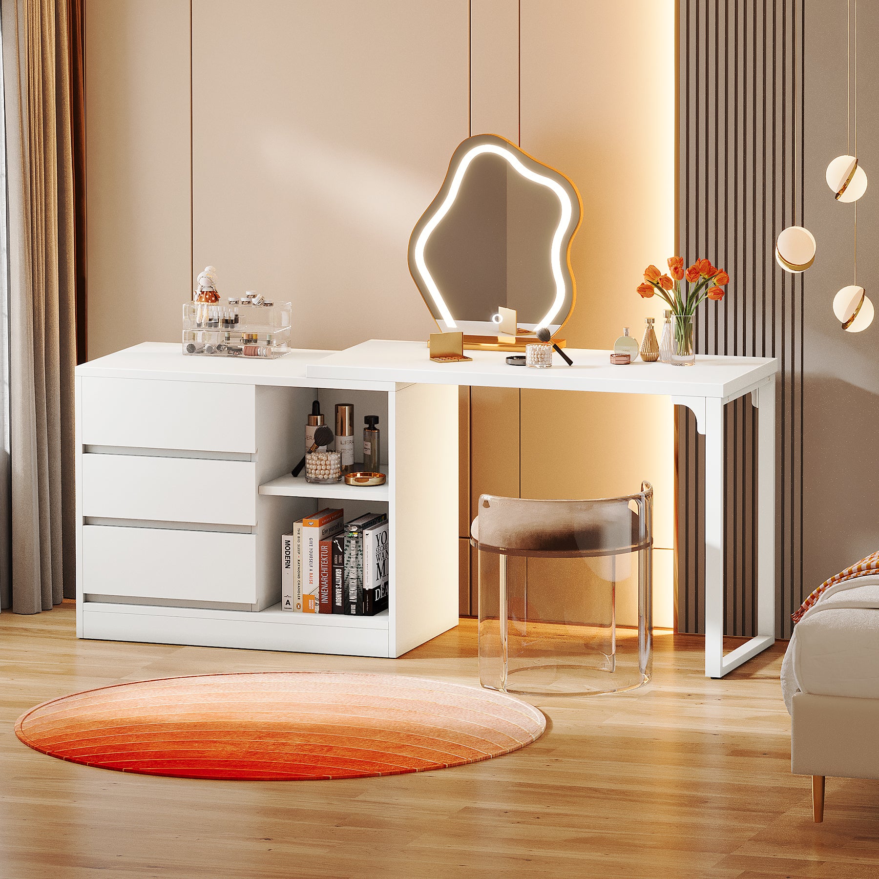 Tribesigns Vanity Desk with 3 Drawers and 2 Shelves, Matte White Makeup Table with Reversible Storage Cabinet for Bedroom