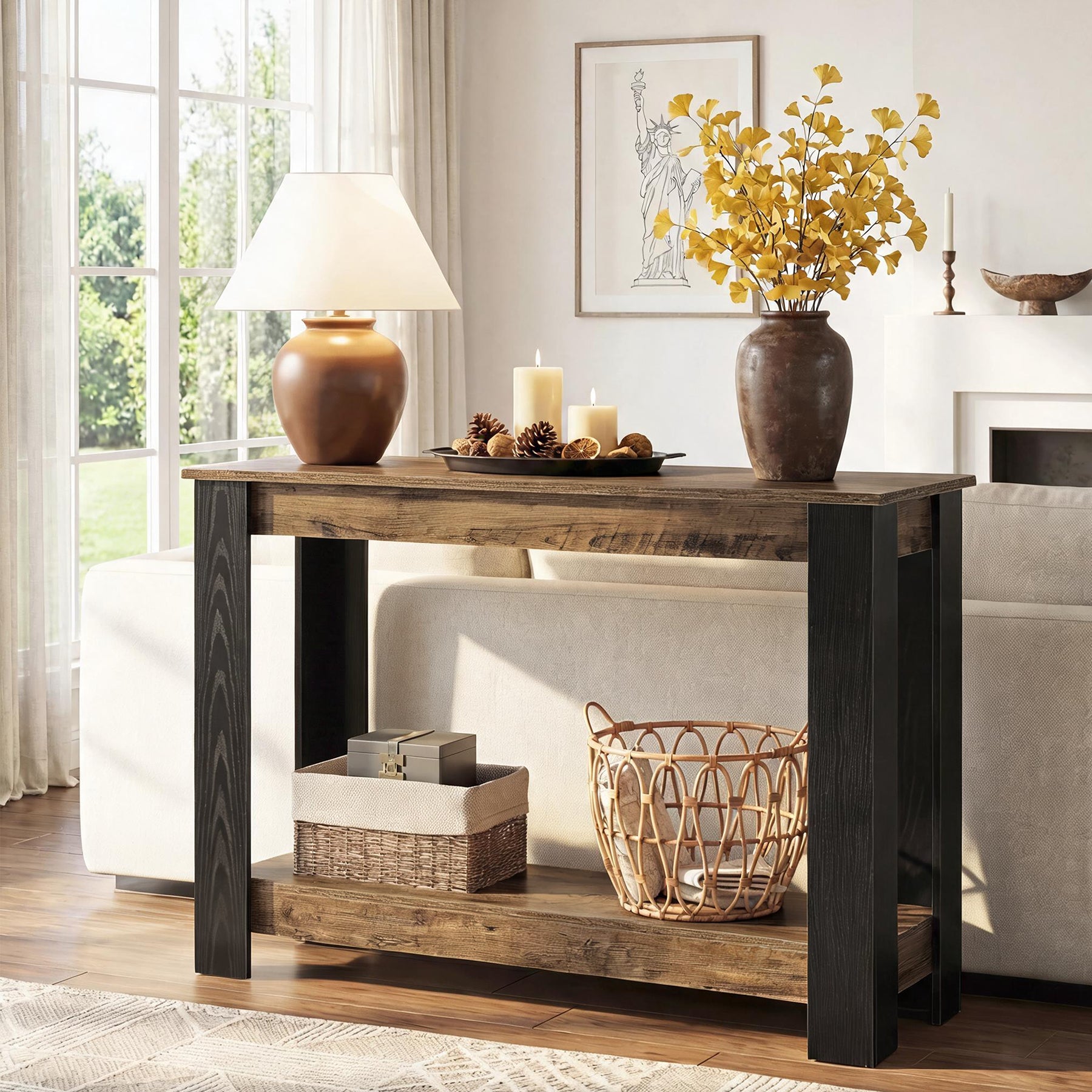 41-Inch Narrow Console Table with 2-Tier Open Storage, Modern Farmhouse Sofa Table for Entryway