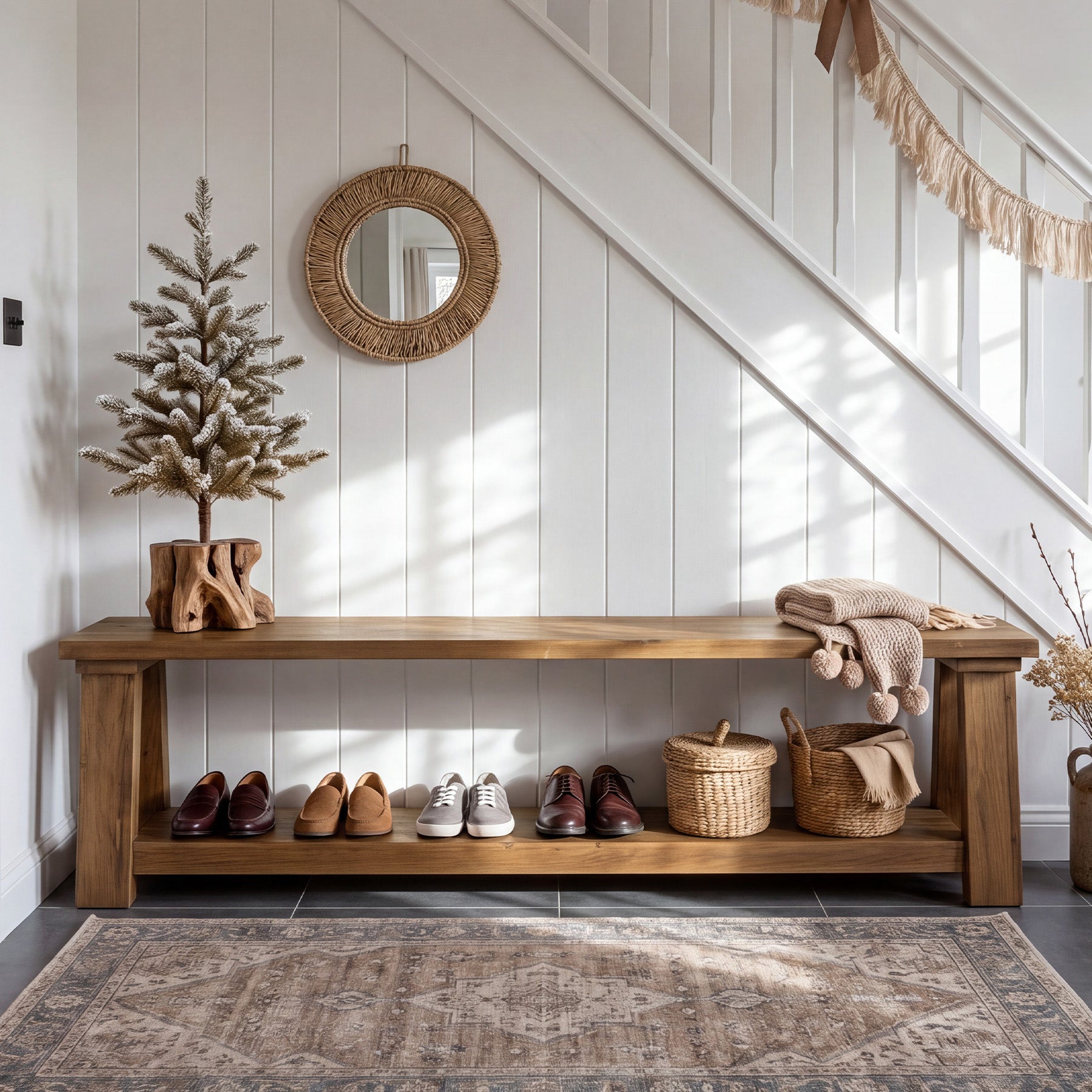 70.9-Inch Solid Wood Shoe Bench with Storage Shelf, Farmhouse Entryway Seat for Hallway
