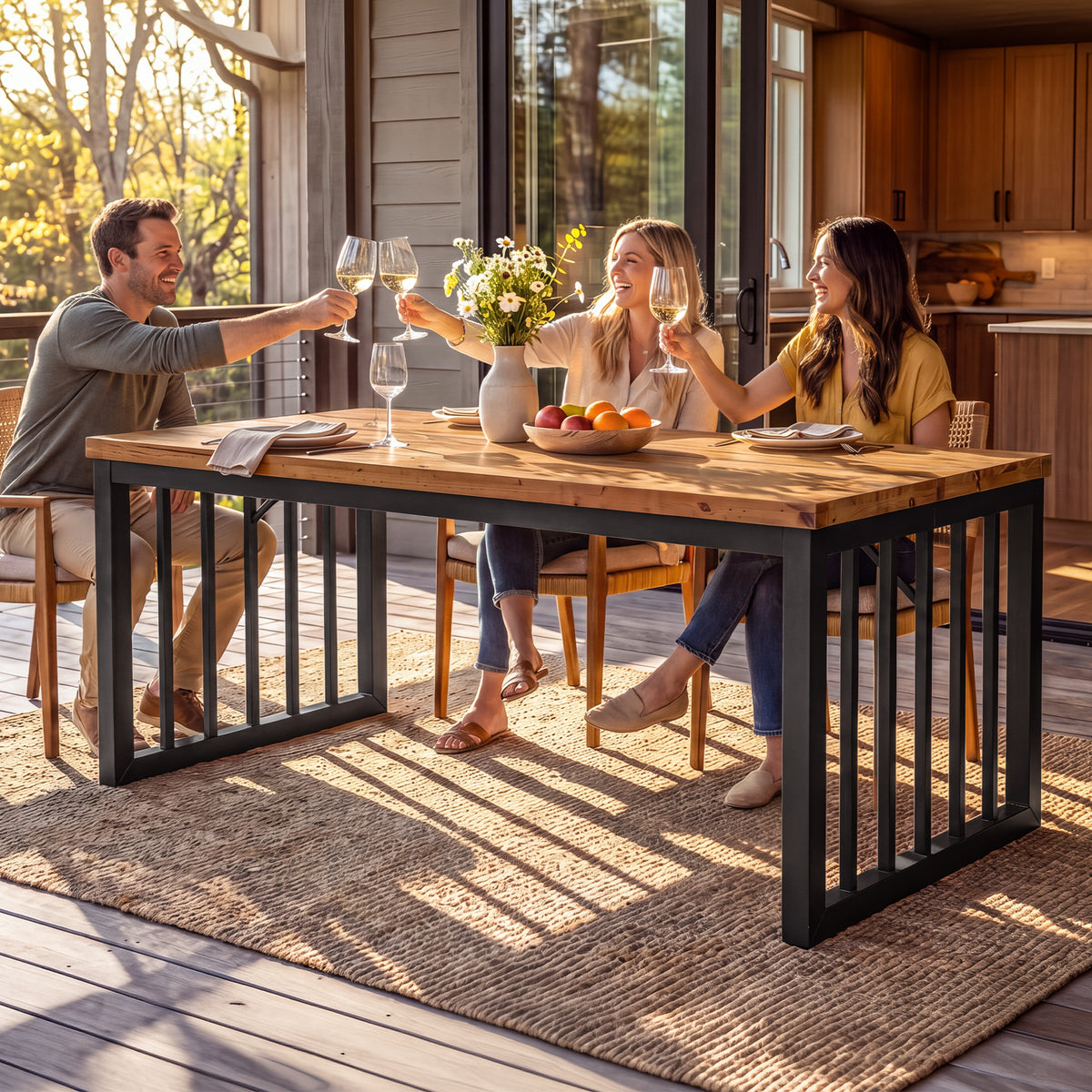 63 Inch Solid Wood Dining Table for 4-6, Farmhouse Kitchen Table with Reinforced Metal Frame