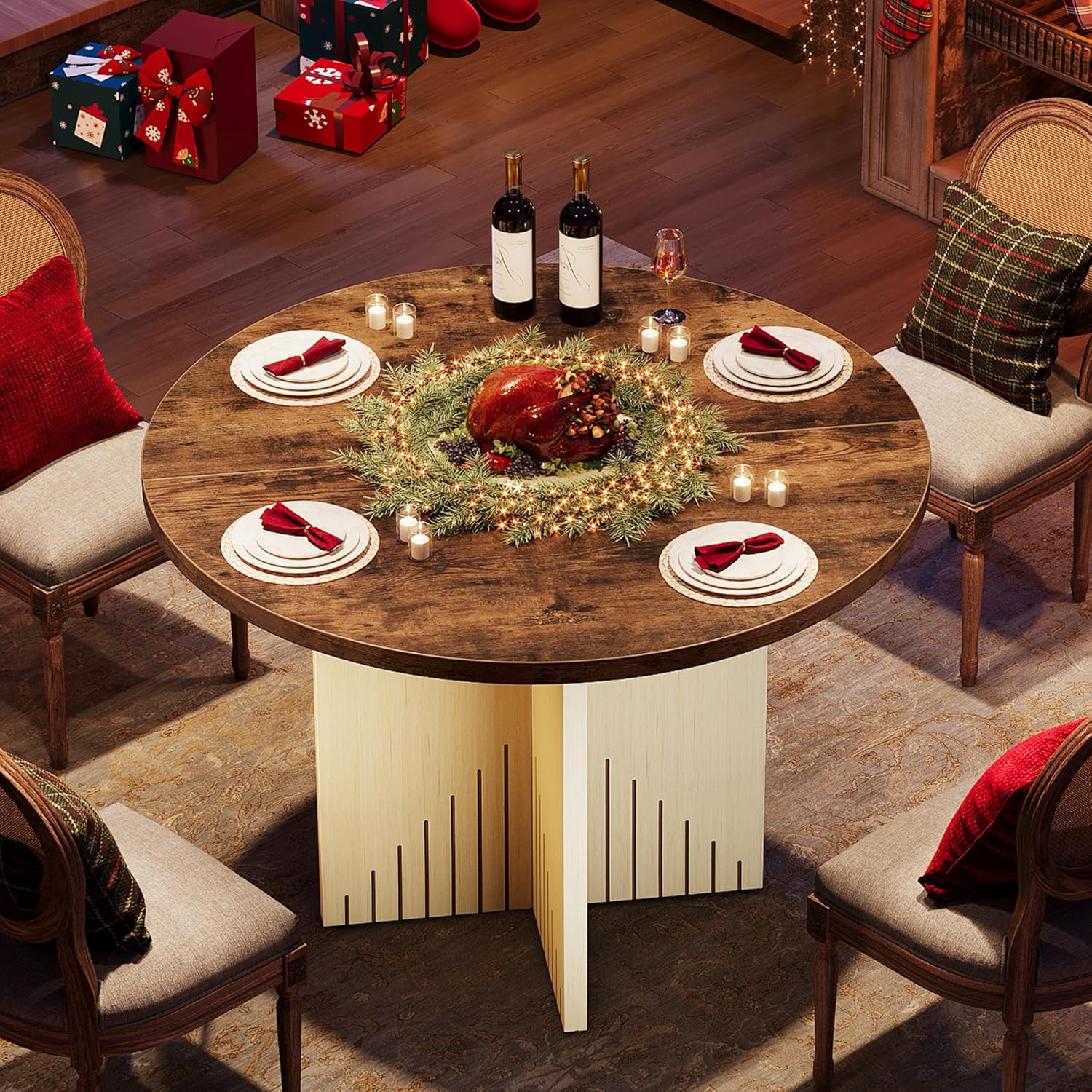 39" Round Farmhouse Dining Table for 4 with Pedestal Base - All Wood Kitchen Table in Brown & Beige