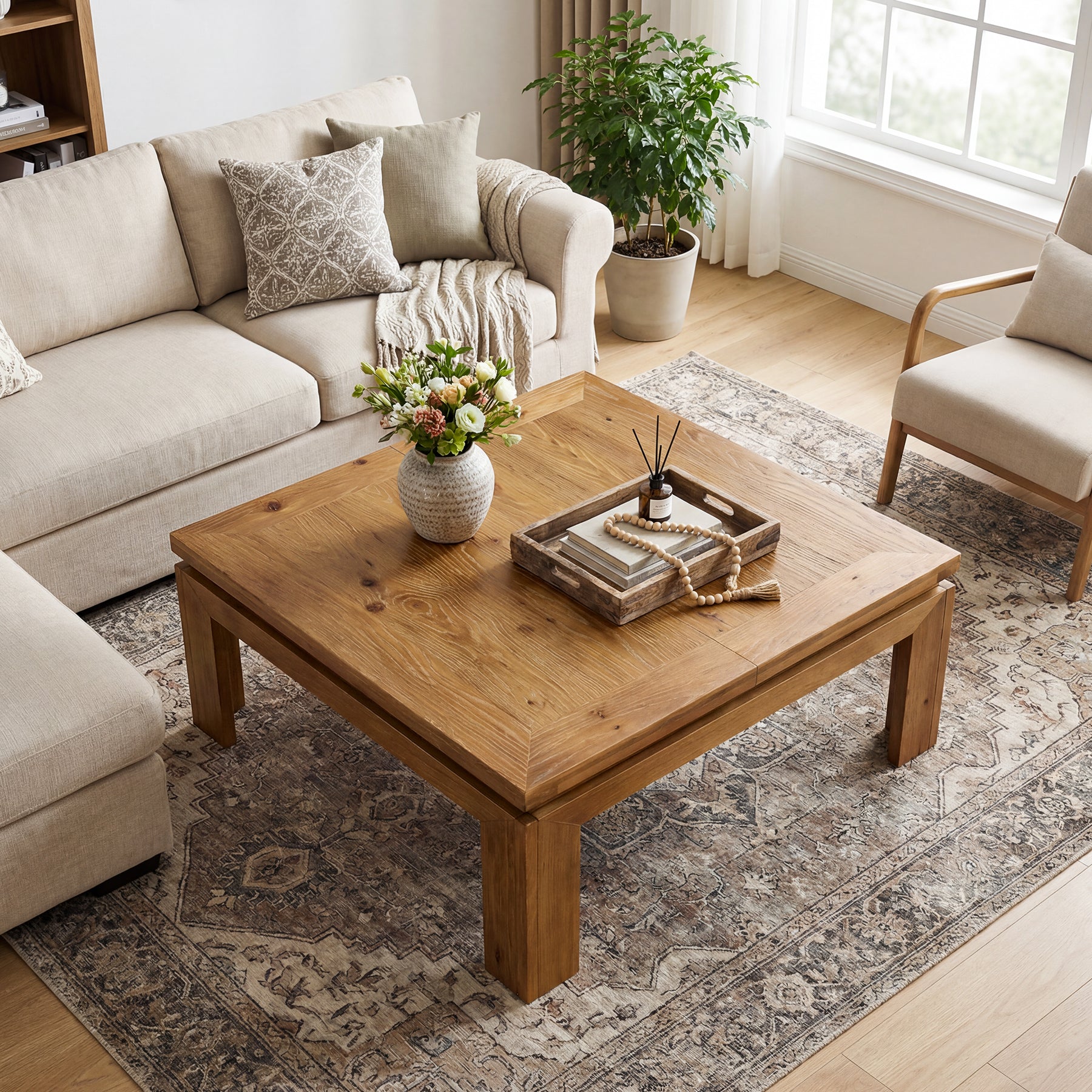 Tribesigns 39.4-Inch Solid Wood Coffee Table with Recessed Edge, Square Farmhouse Center Table for Living Room