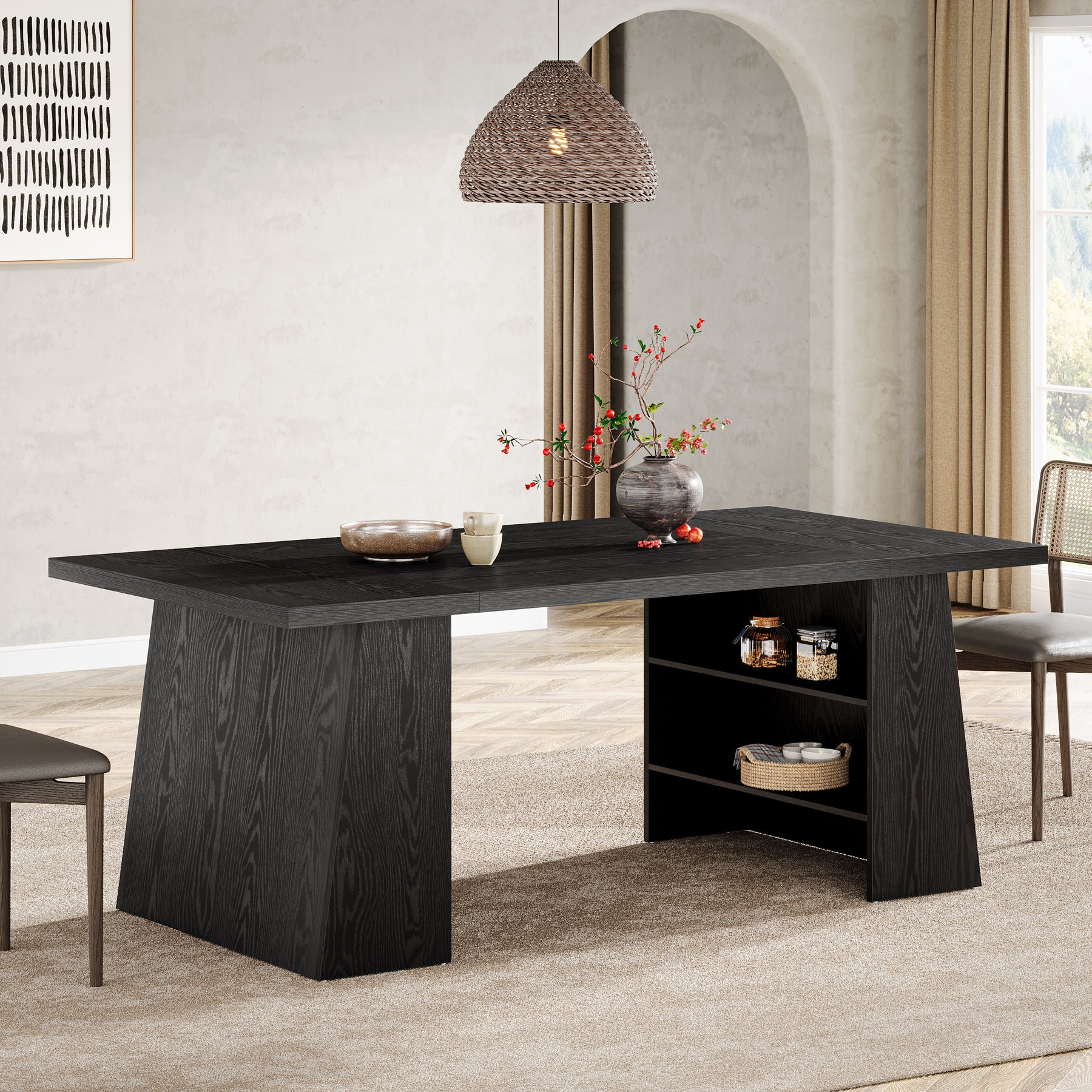 Tribesigns 63-Inch Black Kitchen Table with Double Pedestal Storage, Modern Dining Table for 4-6 People