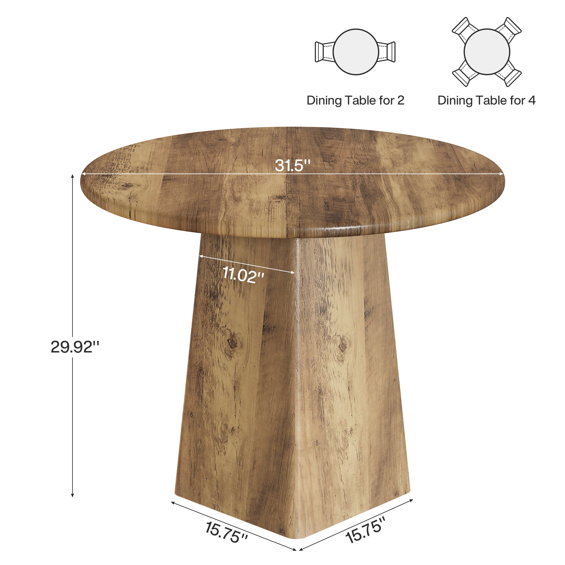31.5" Dining Table for 4 - Round Farmhouse Kitchen Table with Square Base in Rustic Brown