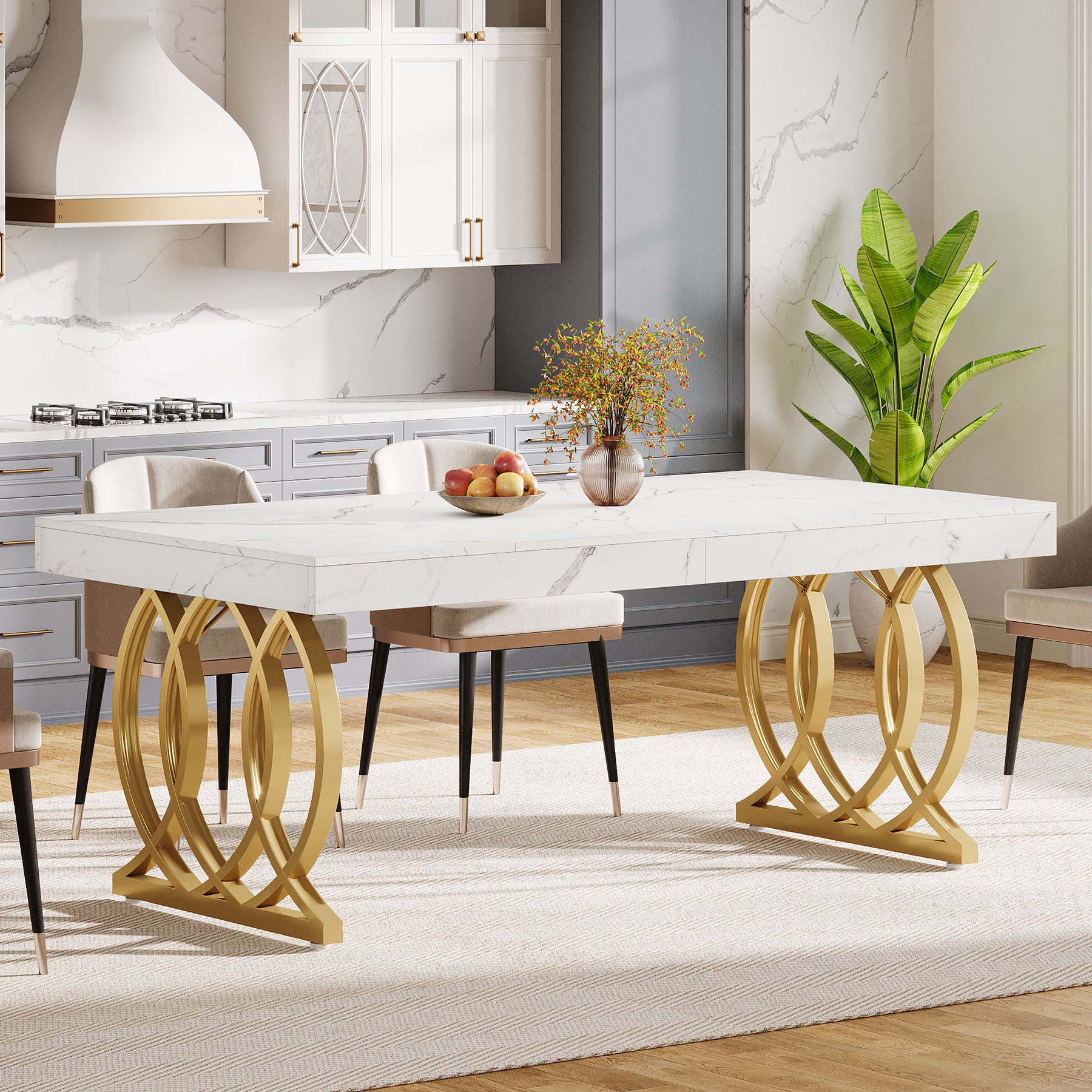 Tribesigns 63-Inch Modern Dining Table for 4-6 People, Faux Marble Kitchen Table with Gold Legs