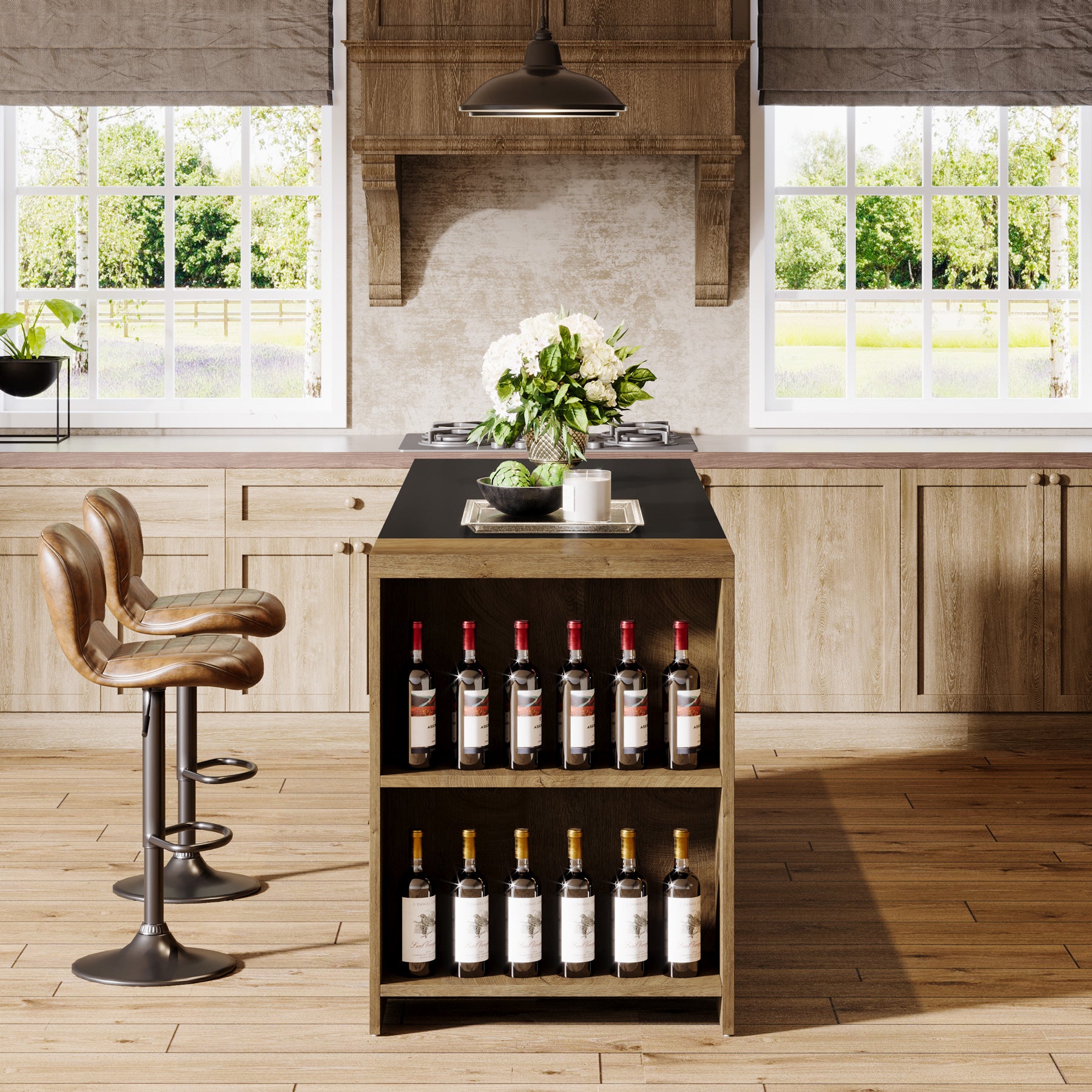 55.12-Inch Kitchen Island with 5-Tier Storage Shelves and Large Countertop, Farmhouse Coffee Bar Table for Kitchen