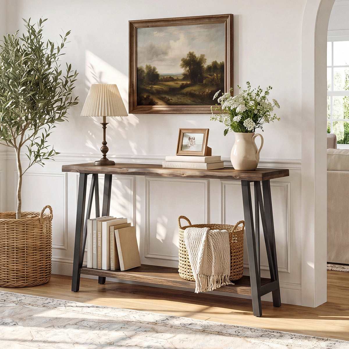 Tribesigns 41.3" Live Edge Solid Wood Console Table with 2-Tier Storage, Industrial Sofa Table for Hallway