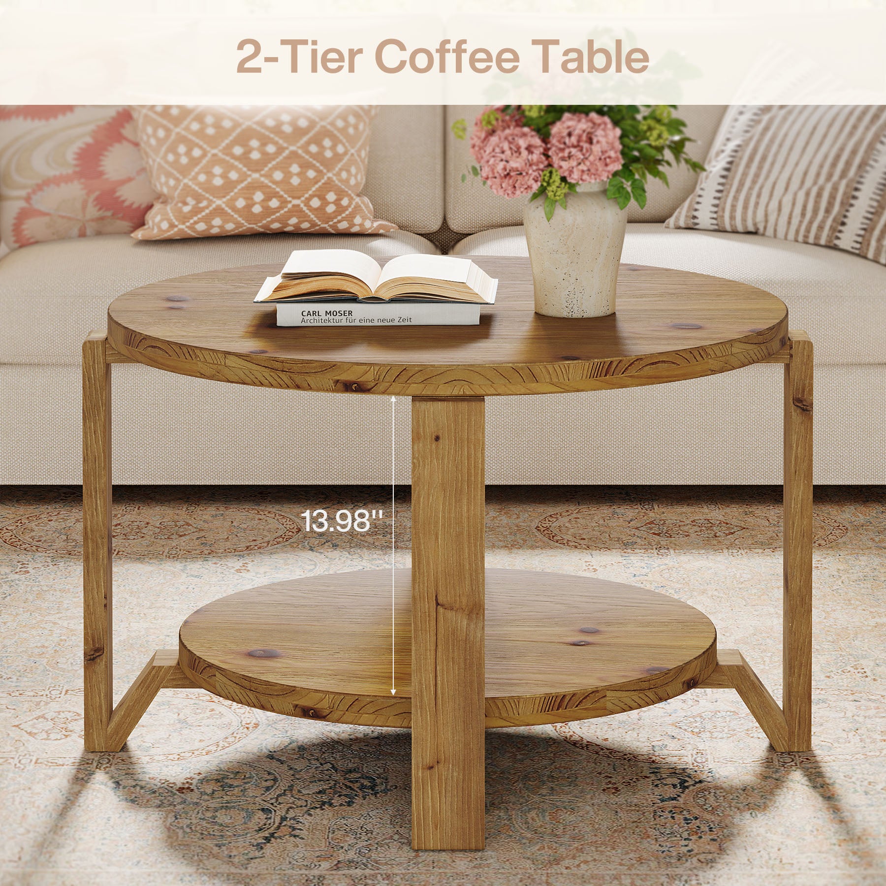 30" Solid Wood Round Coffee Table, Two-Tier Farmhouse Center Table with Natural Texture in Warm Brown