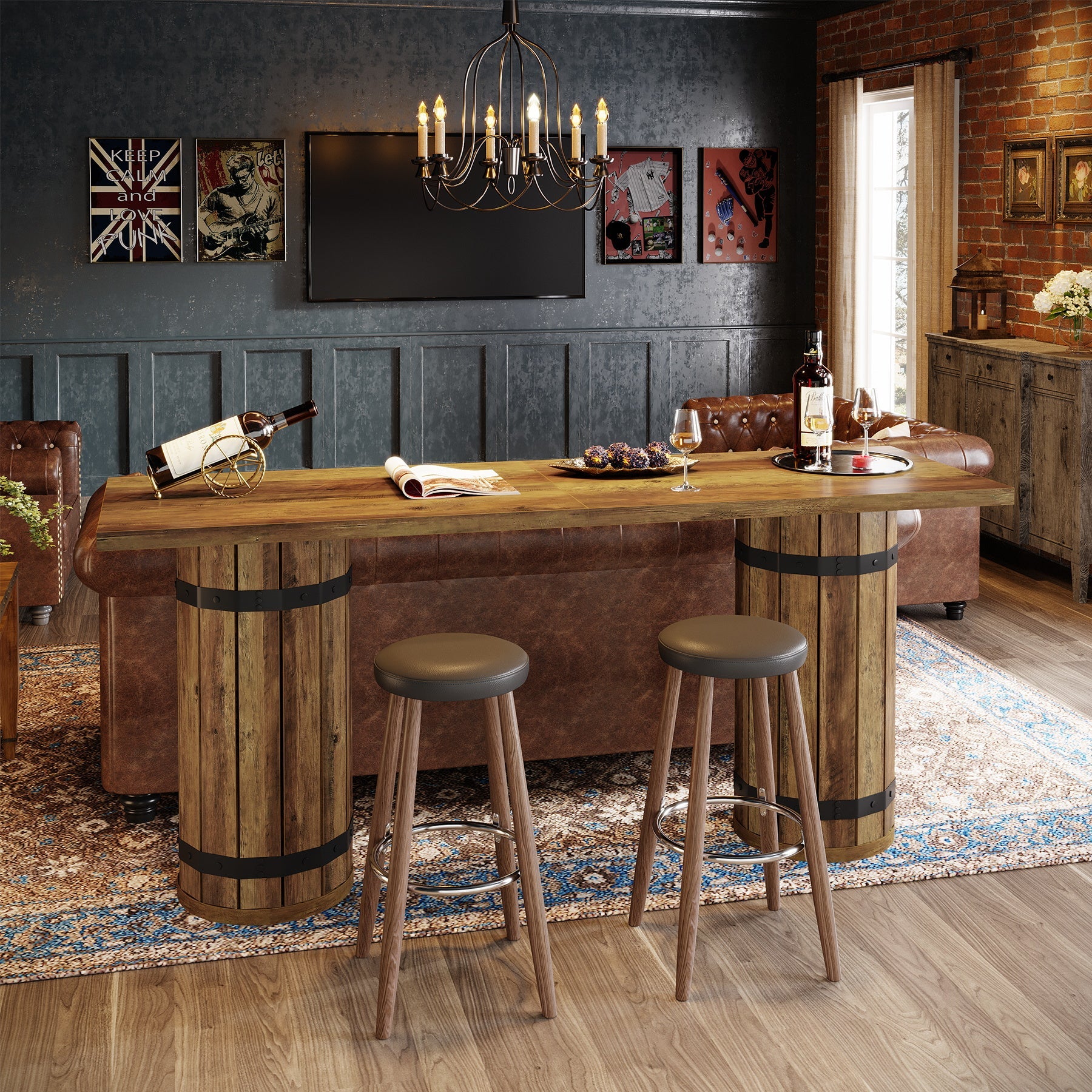70.9-Inch Long Bar Table with Slatted Base, Rectangular Counter Height Pub Table