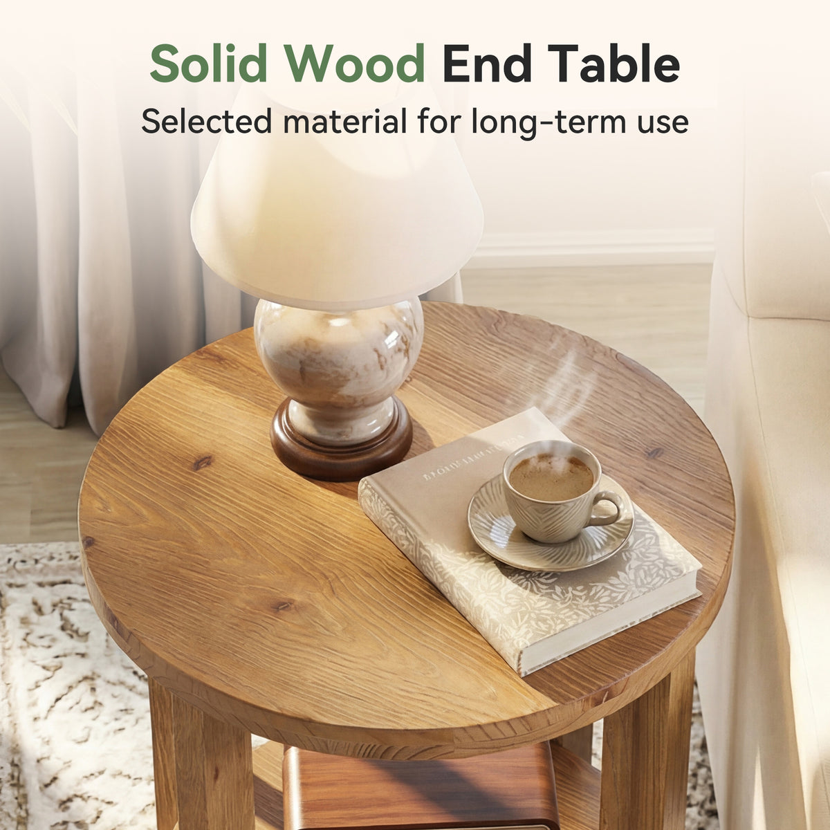 Tribesigns 19.69" Solid Wood Round End Table with 2-Tier Storage Shelf, Living Room Side Table