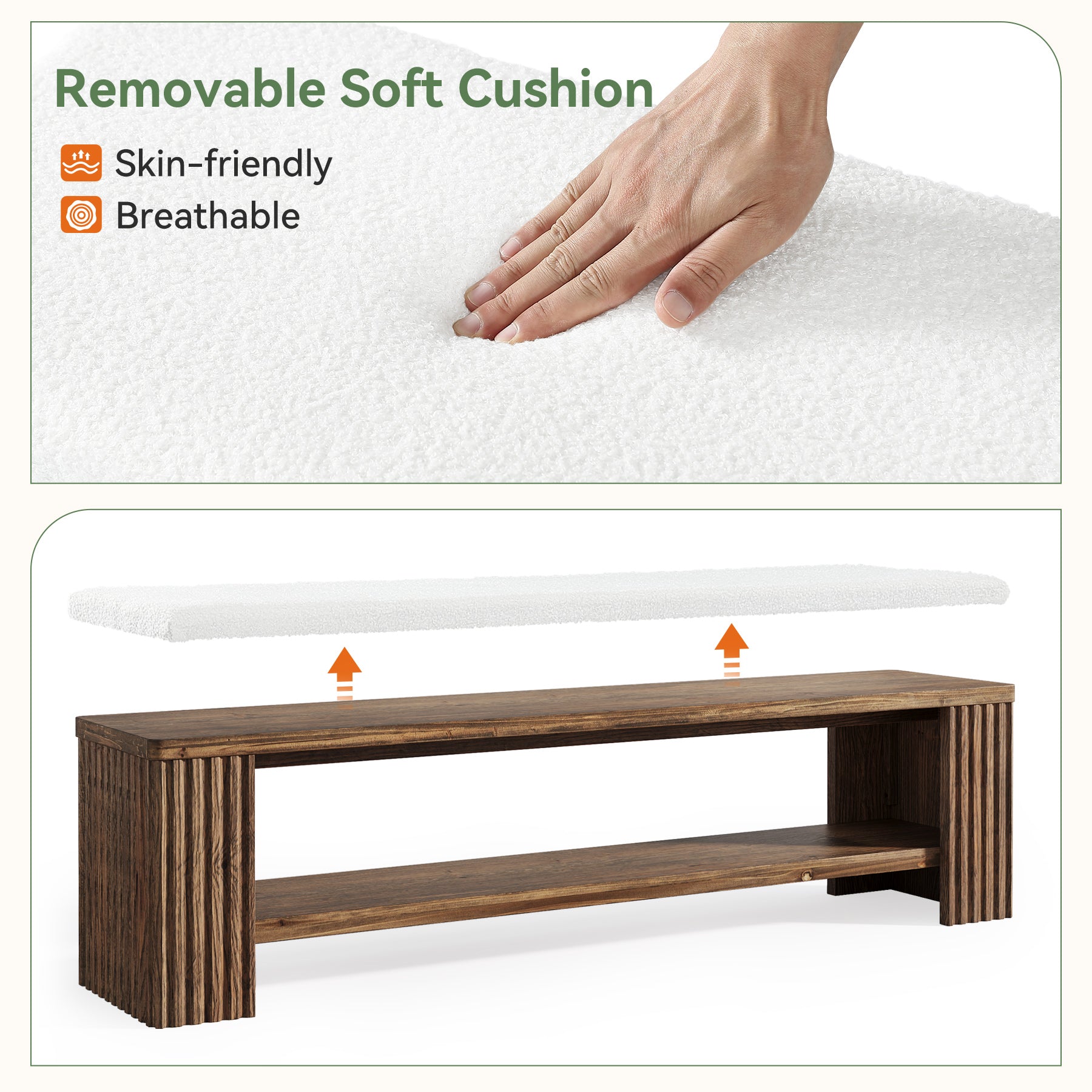 Tribesigns 63 Inch Solid Wood Bench with Removable Faux Lambswool Cushion, Farmhouse End of Bed Seat