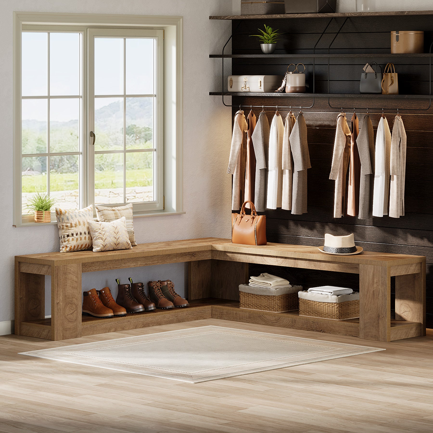 Tribesigns 61-Inch L-Shaped Shoe Bench with Storage, Farmhouse Corner Entryway Bench for Dining Room Living Room and Cloakroom