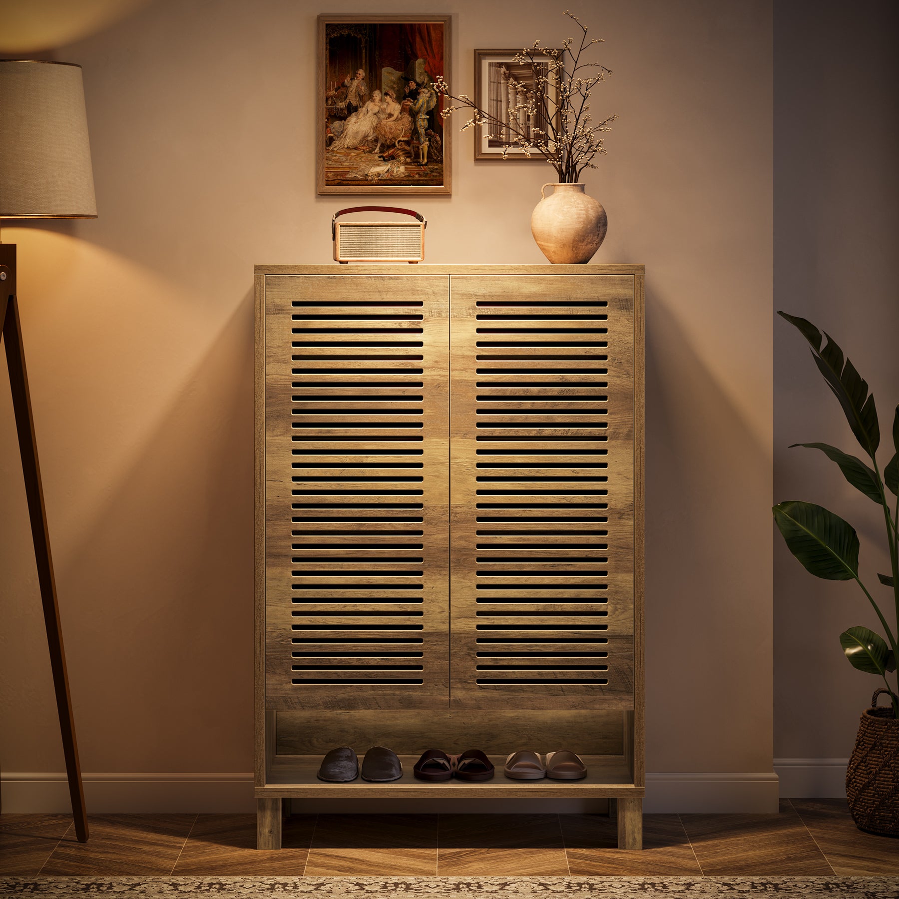 Free-Standing Shoe Cabinet, Narrow Farmhouse Wooden Organizer with 6 Shelves