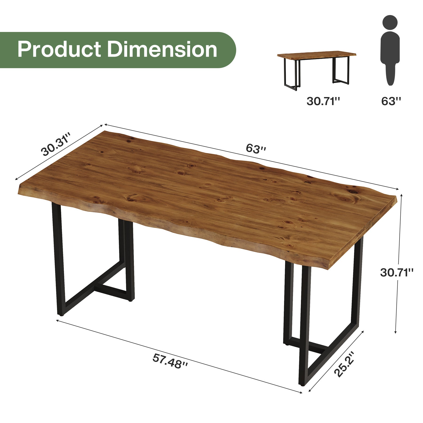 Tribesigns 63-Inch Solid Wood Home Office Desk with Live-Edge Inspired Top, Industrial Writing Desk with Metal Frame for Study and Work