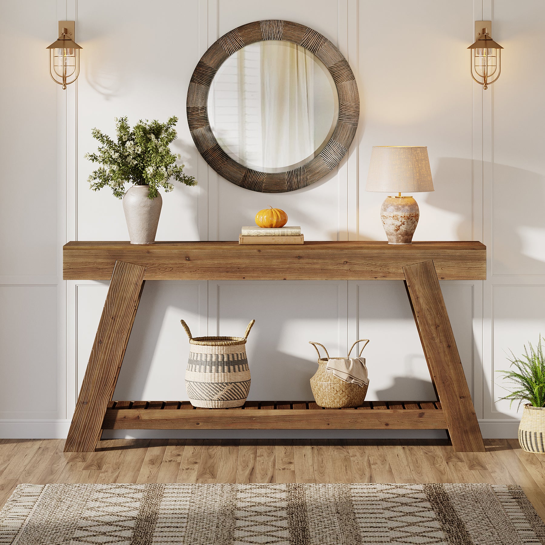 63" Solid Wood Console Table, Farmhouse Narrow Sofa Table for Entryway Hallway and Living Room in Classic Brown