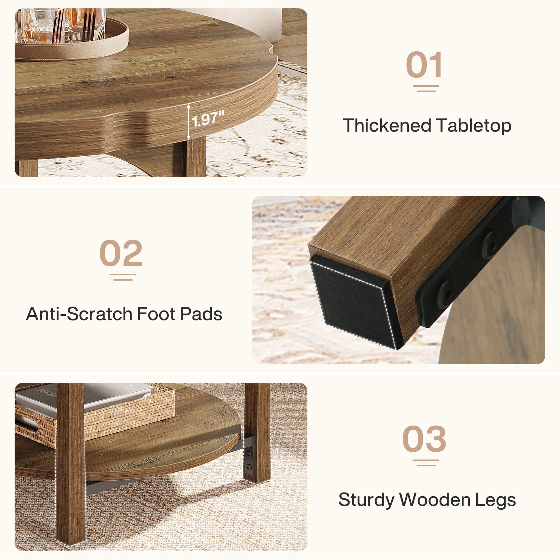 31.5" Round Coffee Table with 2 Tier Storage, Farmhouse Wooden Accent Center Table