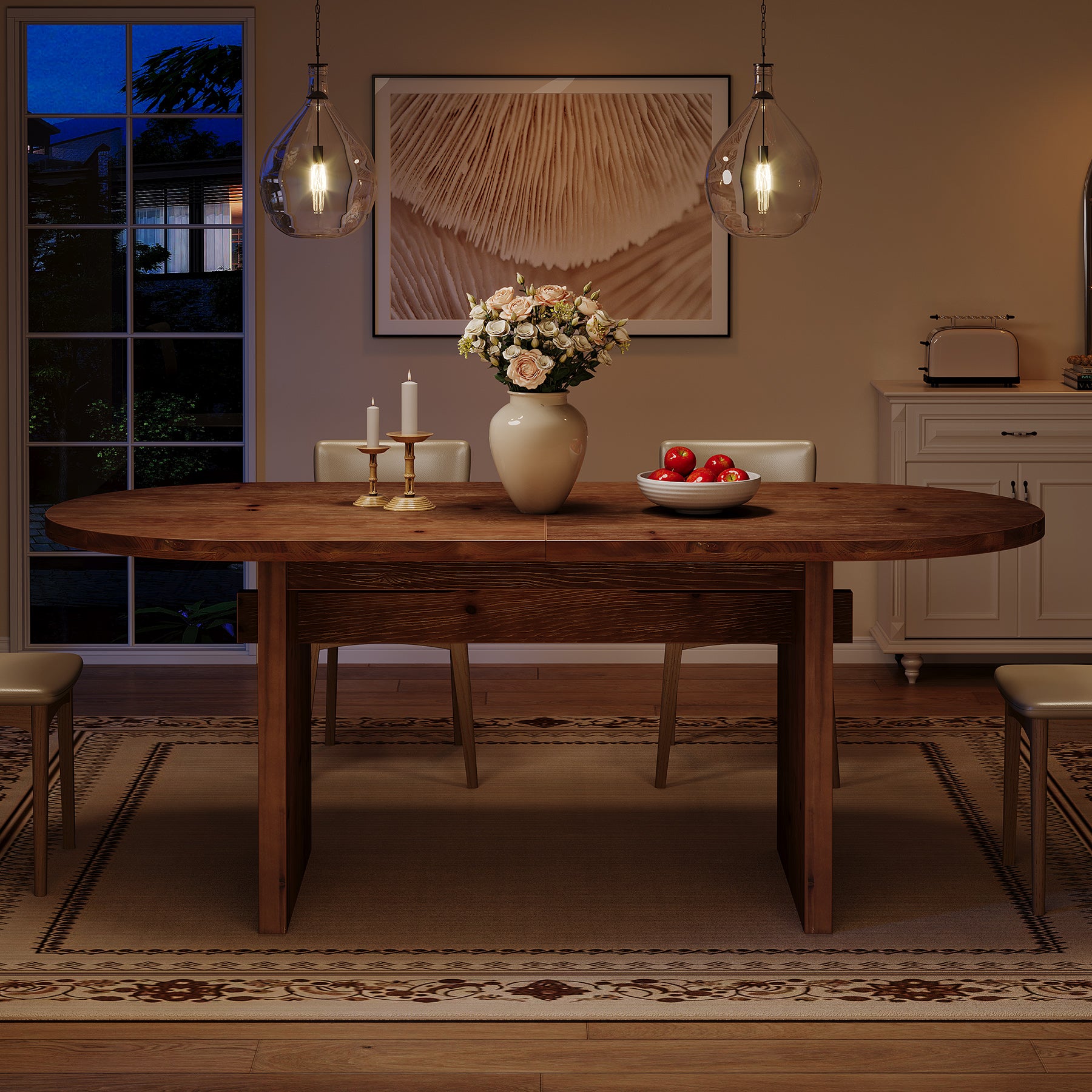 63-Inch Solid Wood Oval Dining Table for 4 to 6 People with Double Pedestal Base, Farmhouse Kitchen Table for Dining Room and Home Kitchen