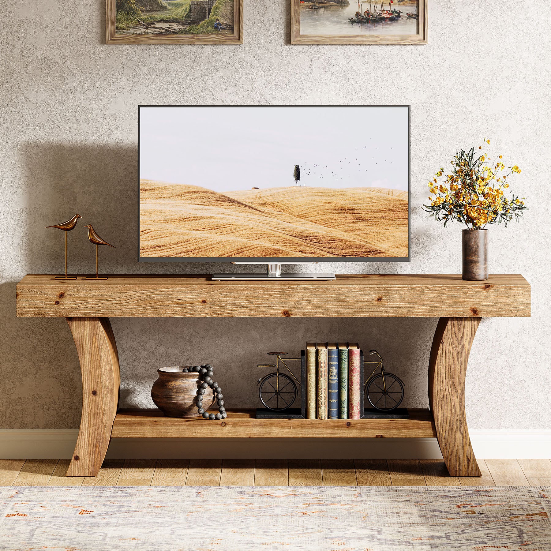 Tribesigns 63-Inch Solid Wood TV Stand with Curved Legs and 2-Tier Storage, Farmhouse Entertainment Center for Living Room and Bedroom