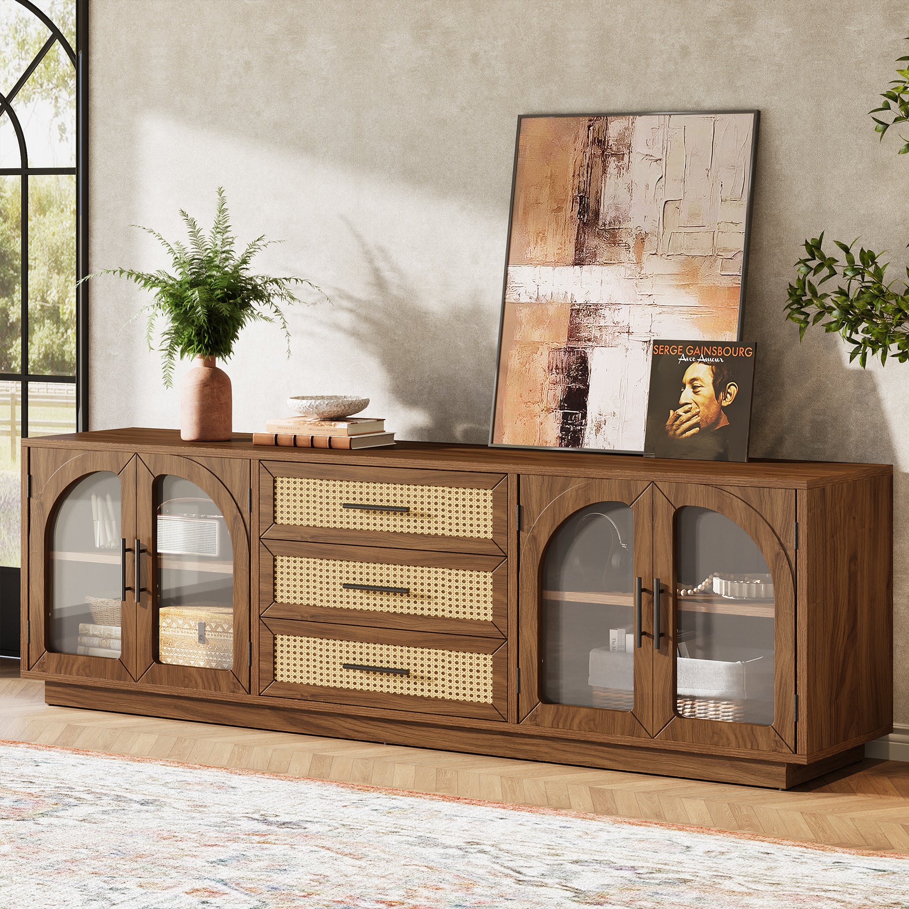 Tribesigns 71-Inch TV Stand with Rattan Drawers, Mid-Century Media Console for Living Room