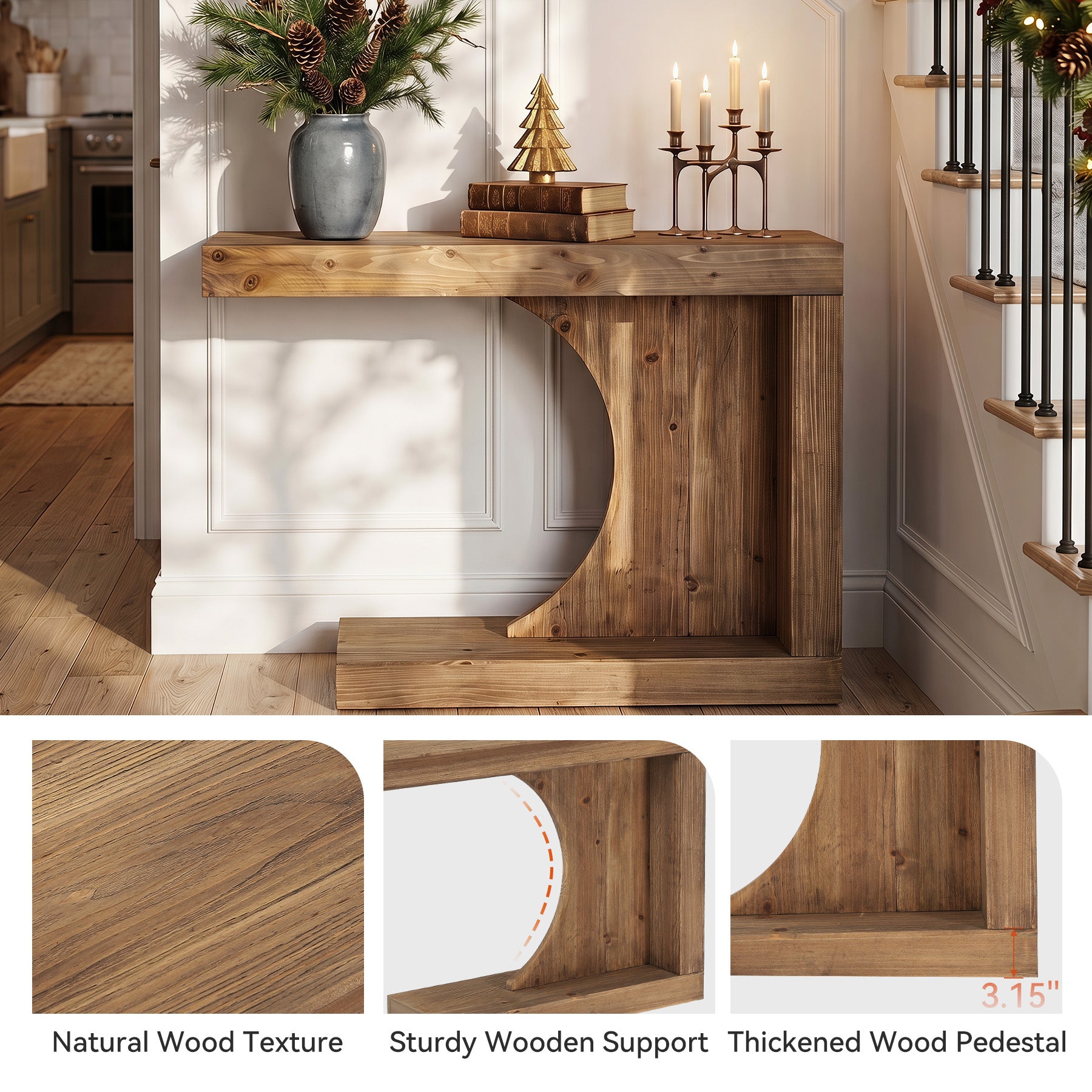 39.4-Inch C-Shaped Solid Wood Console Table, Narrow Modern Entryway Accent Table