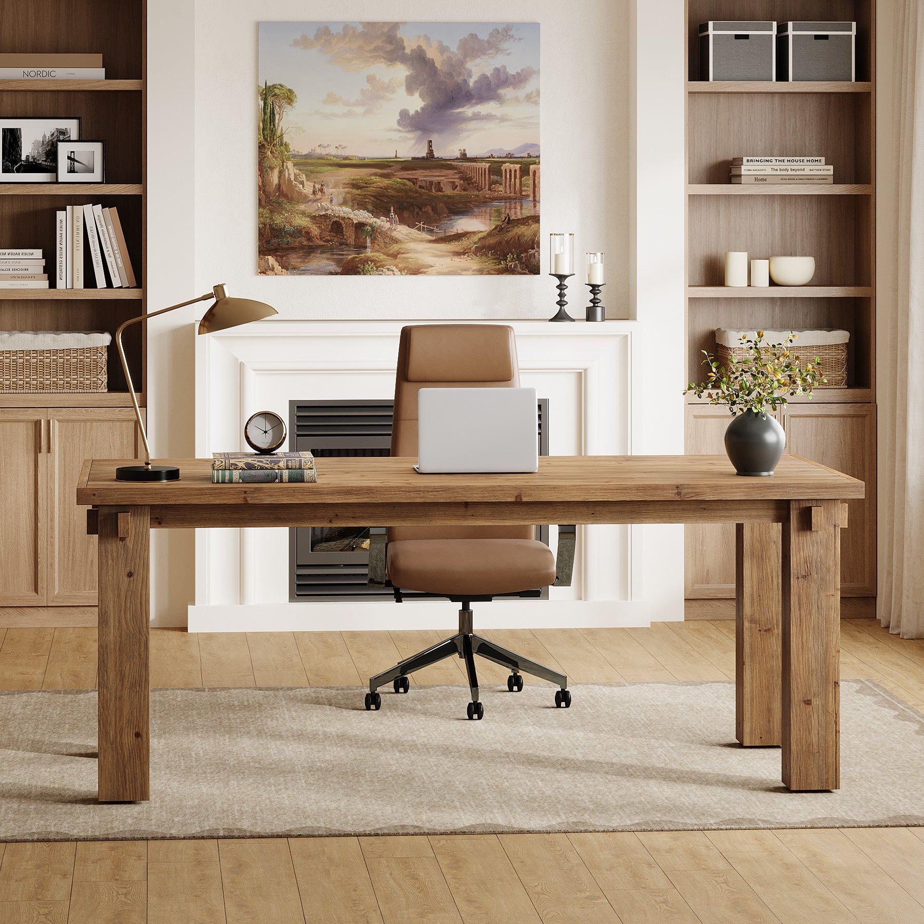 63-Inch Solid Wood Executive Desk with Thick Top, Farmhouse Computer Desk for Home Office