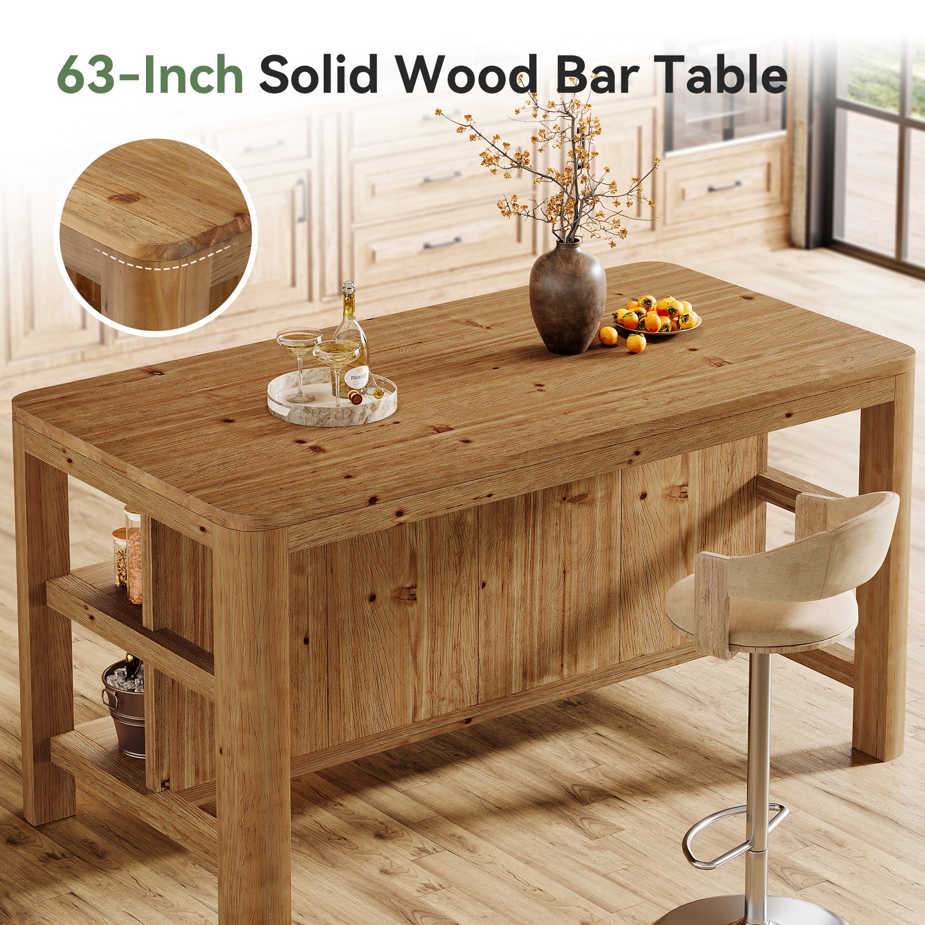 Tribesigns 63-Inch Rectangular Bar Table with Solid Wood Top and Storage Shelves, Counter Height Table for Home Bar