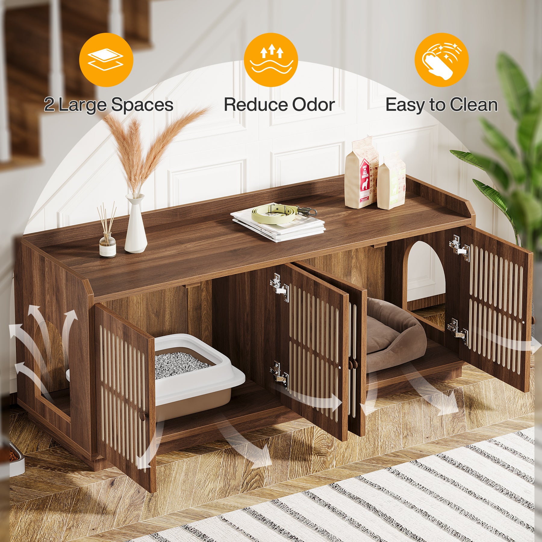 55.1-Inch Extra Large Cat Litter Box Enclosure for 2 Cats with 2 Cabinets and Side Entry, Hidden Wooden Cat Washroom Furniture for Living Room