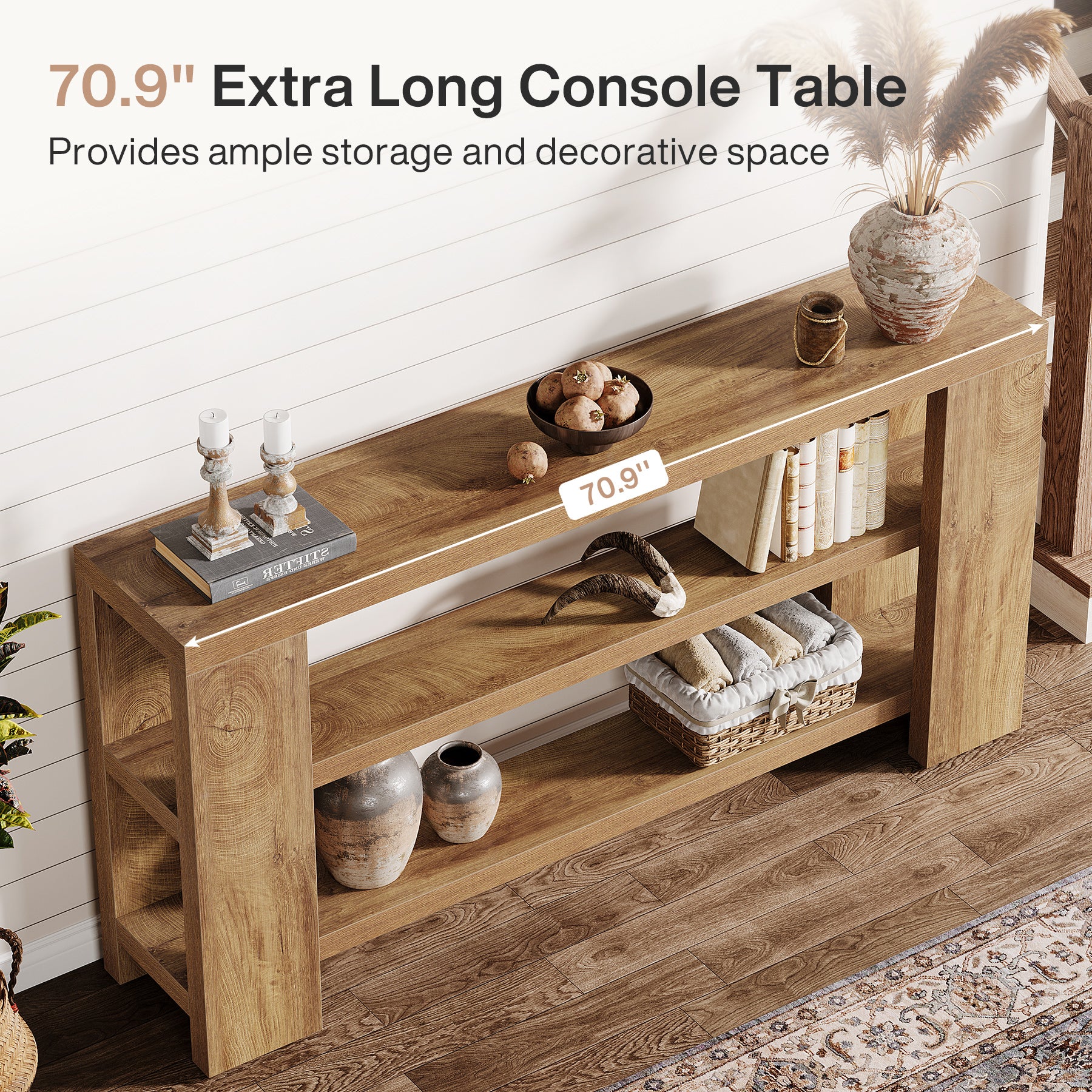 63-Inch Industrial Console Table, Narrow Wooden Sofa Table with Metal Frame