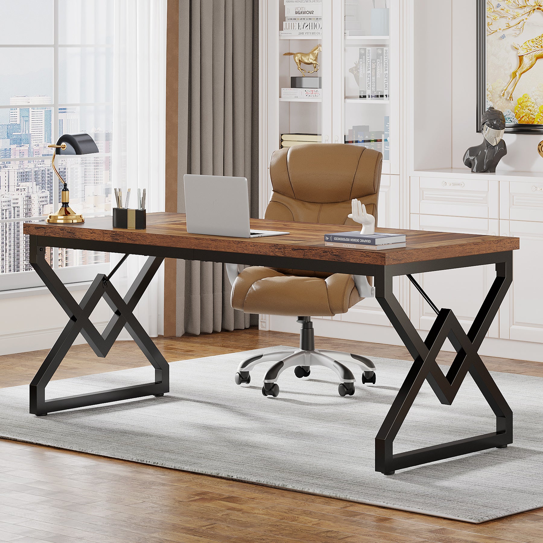 Tribesigns 63-Inch Large Office Desk, Industrial Computer Executive Desk with Extra Thick Wood-Look Top and Metal Frame for Home Office