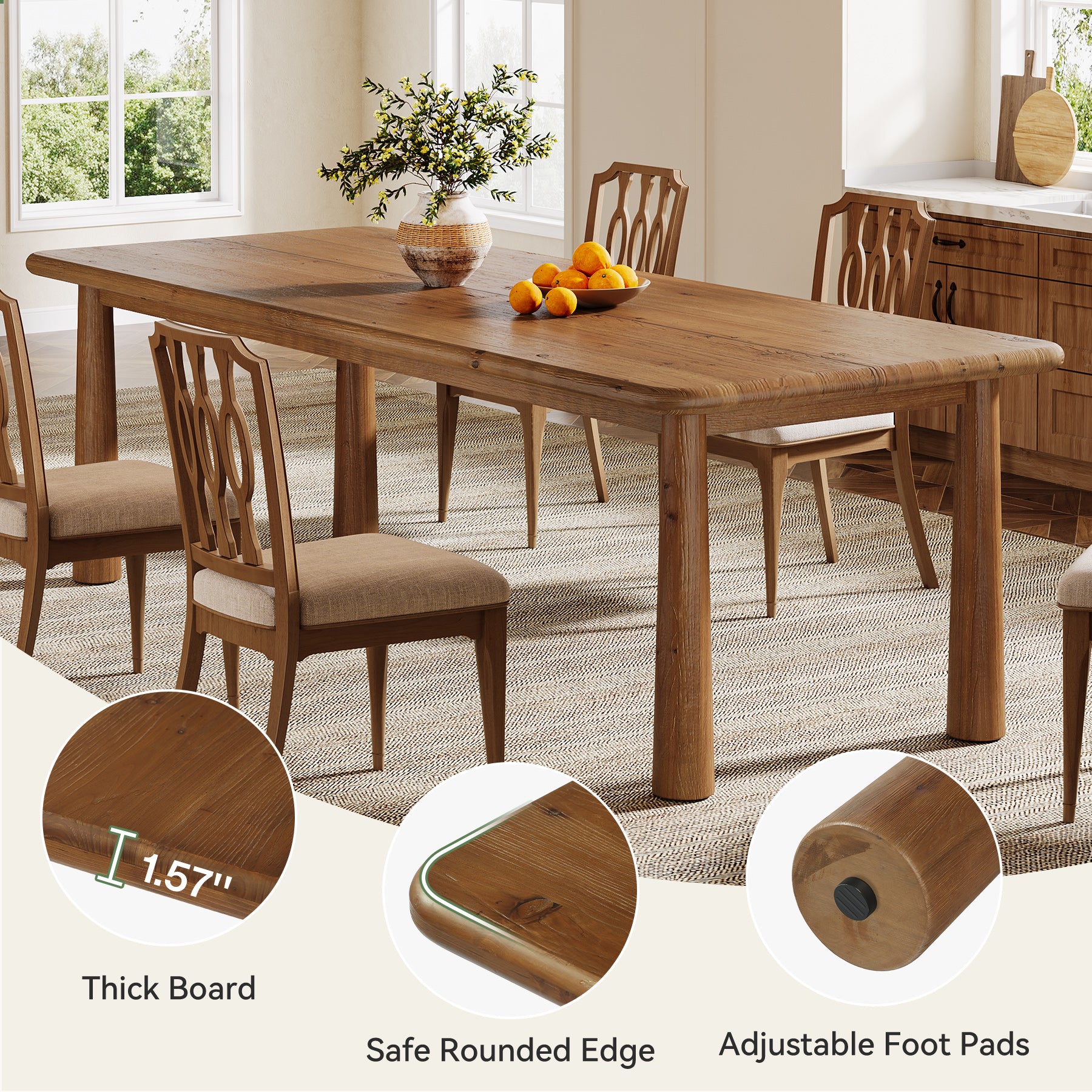 63-Inch Solid Wood Dining Table for 4 to 6 People, Farmhouse Rectangular Kitchen Table with 400 lb Capacity for Dining Room and Kitchen