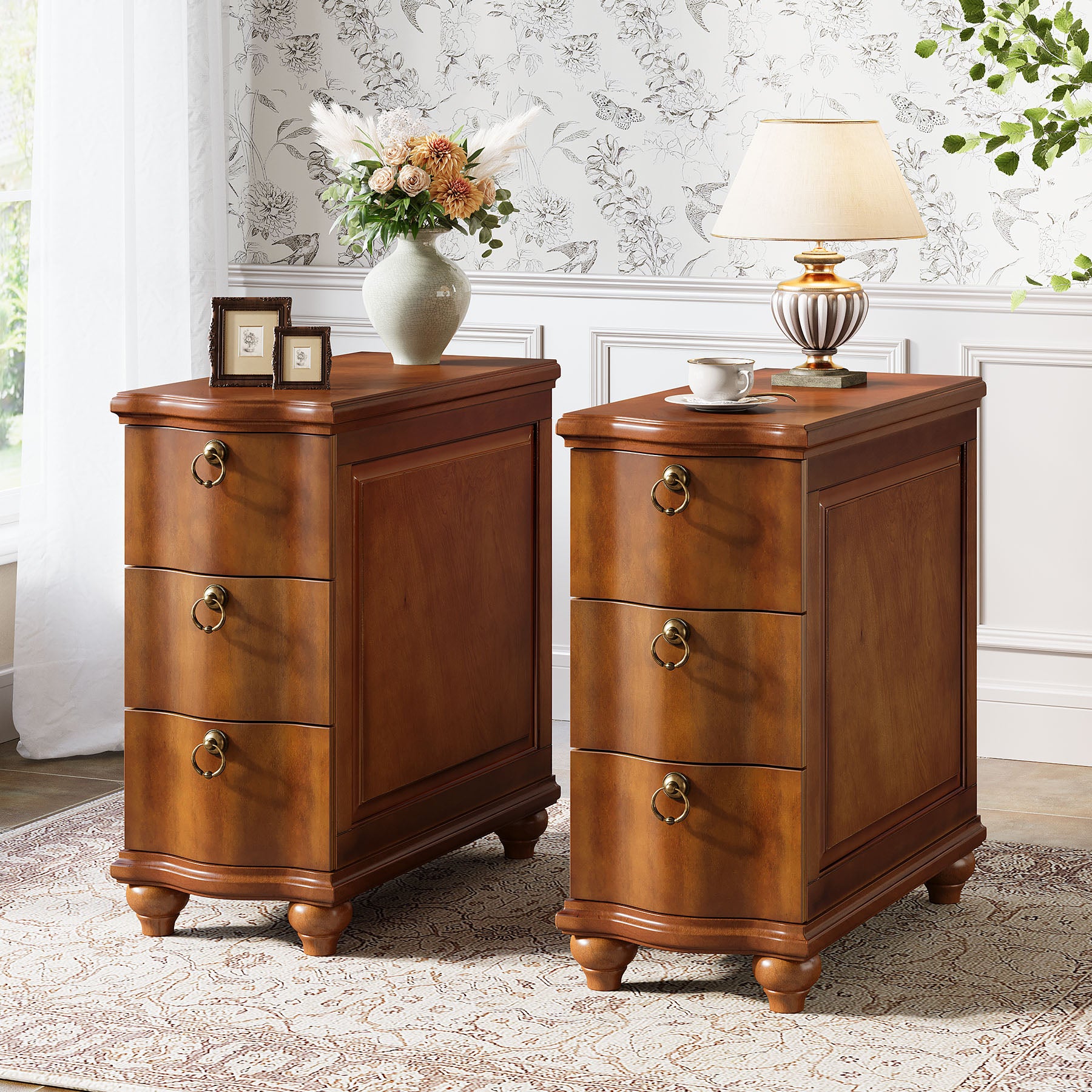 Tribesigns 11.02-Inch Wide Fully Assembled End Table with 3 Drawers, Narrow Walnut Brown Side Table for Bedside Living Room