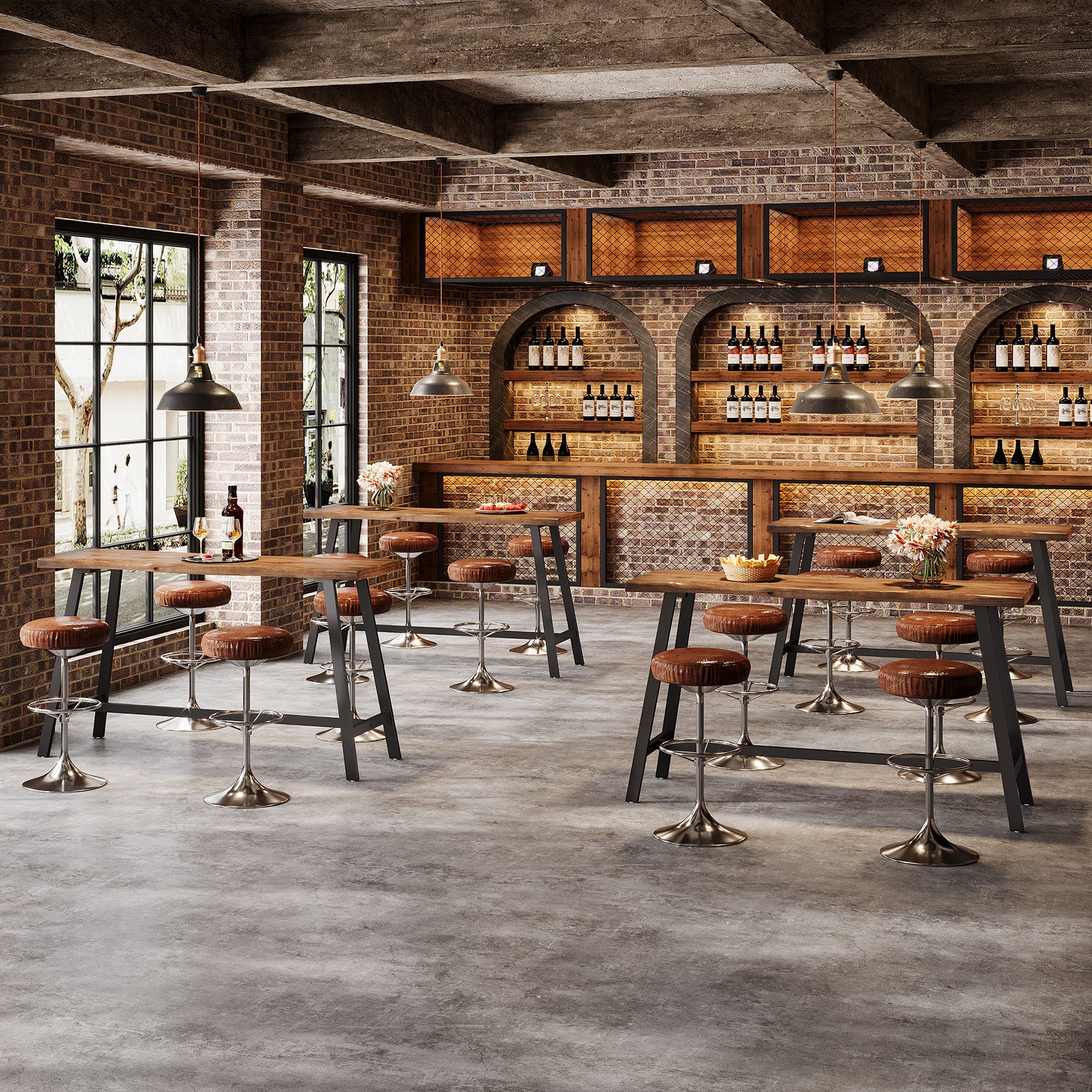 55 Inch Solid Wood Bar Table with Metal Frame and Footrest, Industrial Counter Height Pub Table for Kitchen