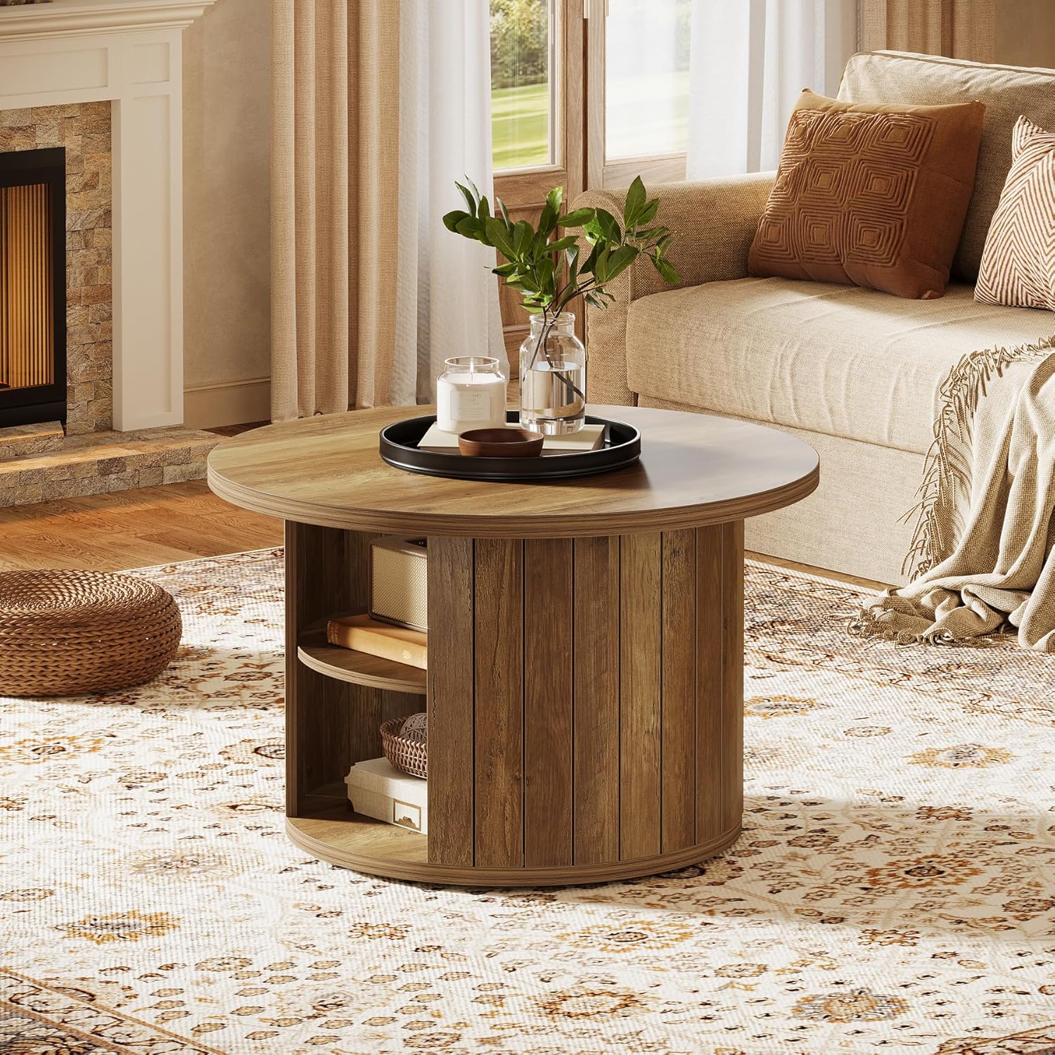 31.5" Round Rustic Storage Coffee Table - Small Circle Center Table with Shelf for Living Room