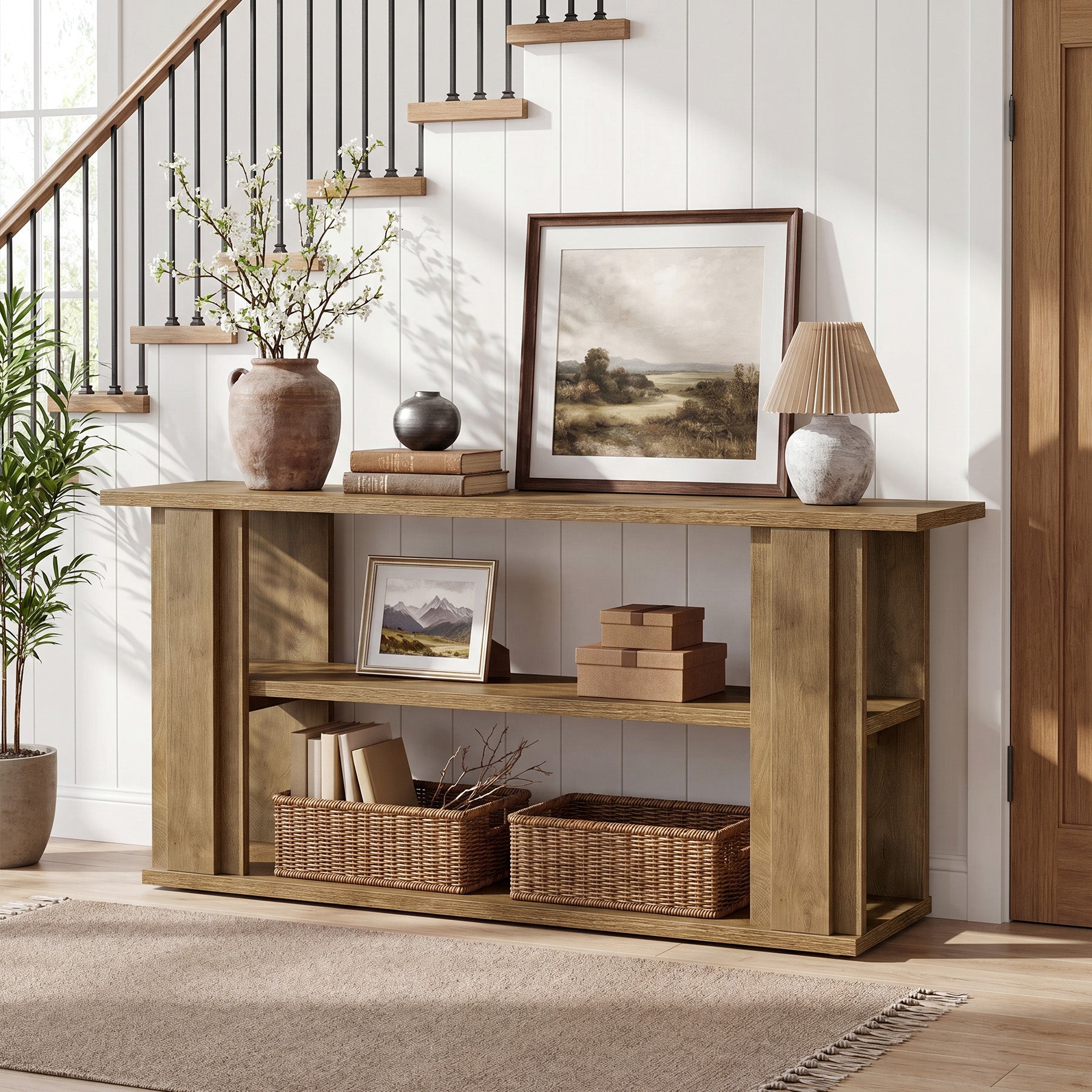 Tribesigns 63-Inch Farmhouse Console Table with 3-Tier Storage Shelves and Wide Panel Supports, Narrow Sofa Table for Living Room Hallway and Foyer